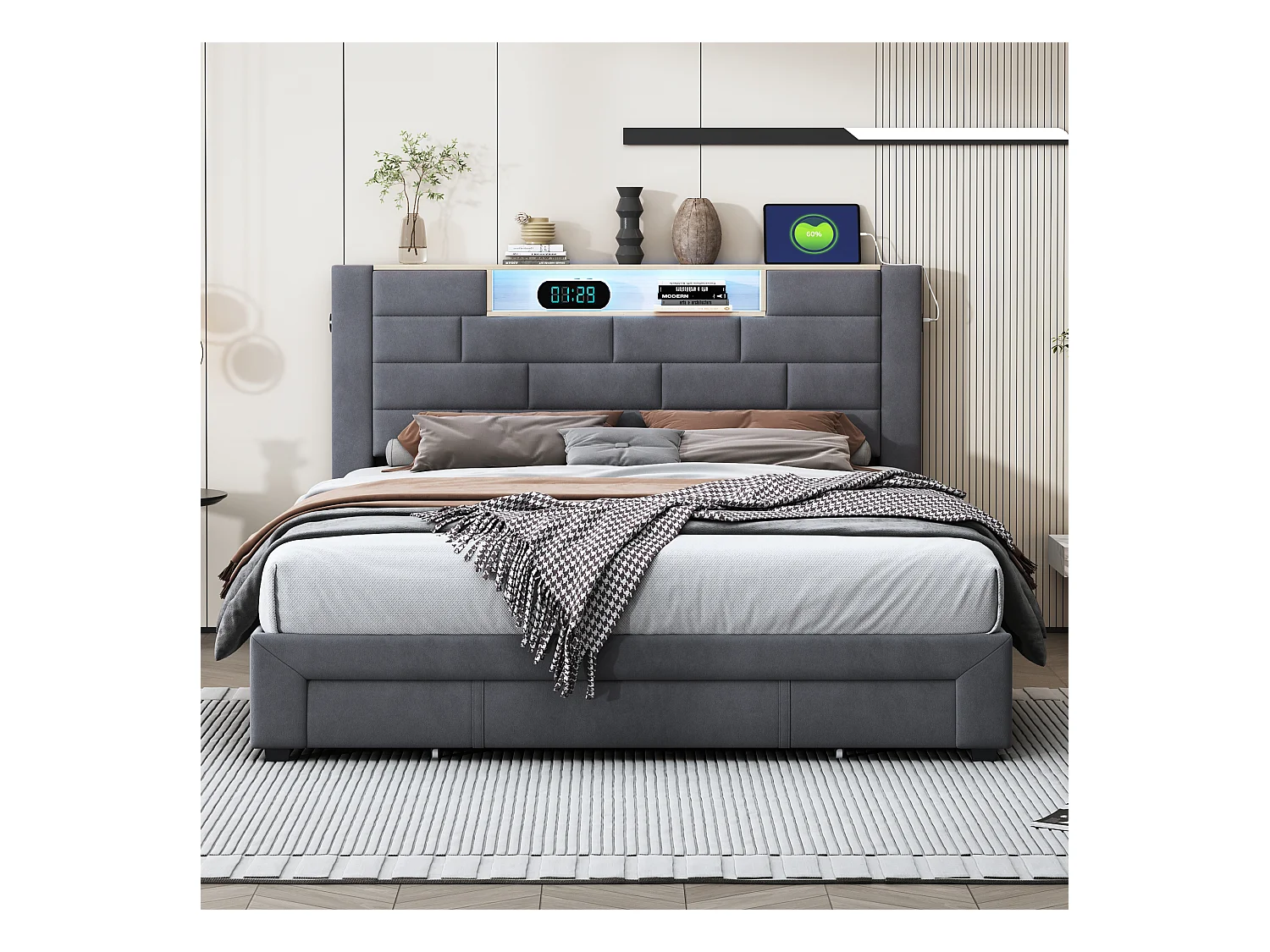 Lit double 140x200cm - sommier à lattes et tête de lit LED avec port USB/C - Gris