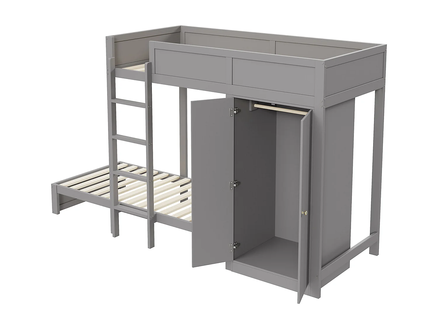 Lit superposé 90x200cm, lit enfant avec armoire, barrière de sécurité haute, lit ado, gris