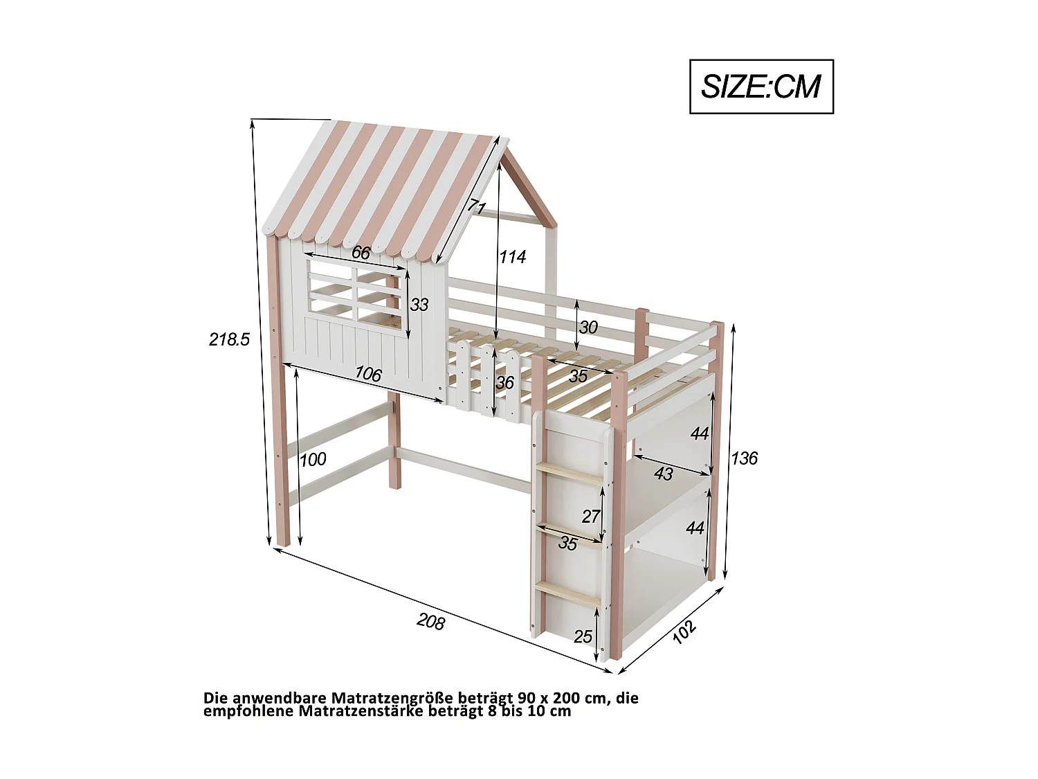 Kinderbett 90x200 cm Hochbett für Jungen und Mädchen Dachbett Hausbett mit Sicherheitsleiter mit Staufach Multifunktionsbett Massivholzbett mit Lattenrost