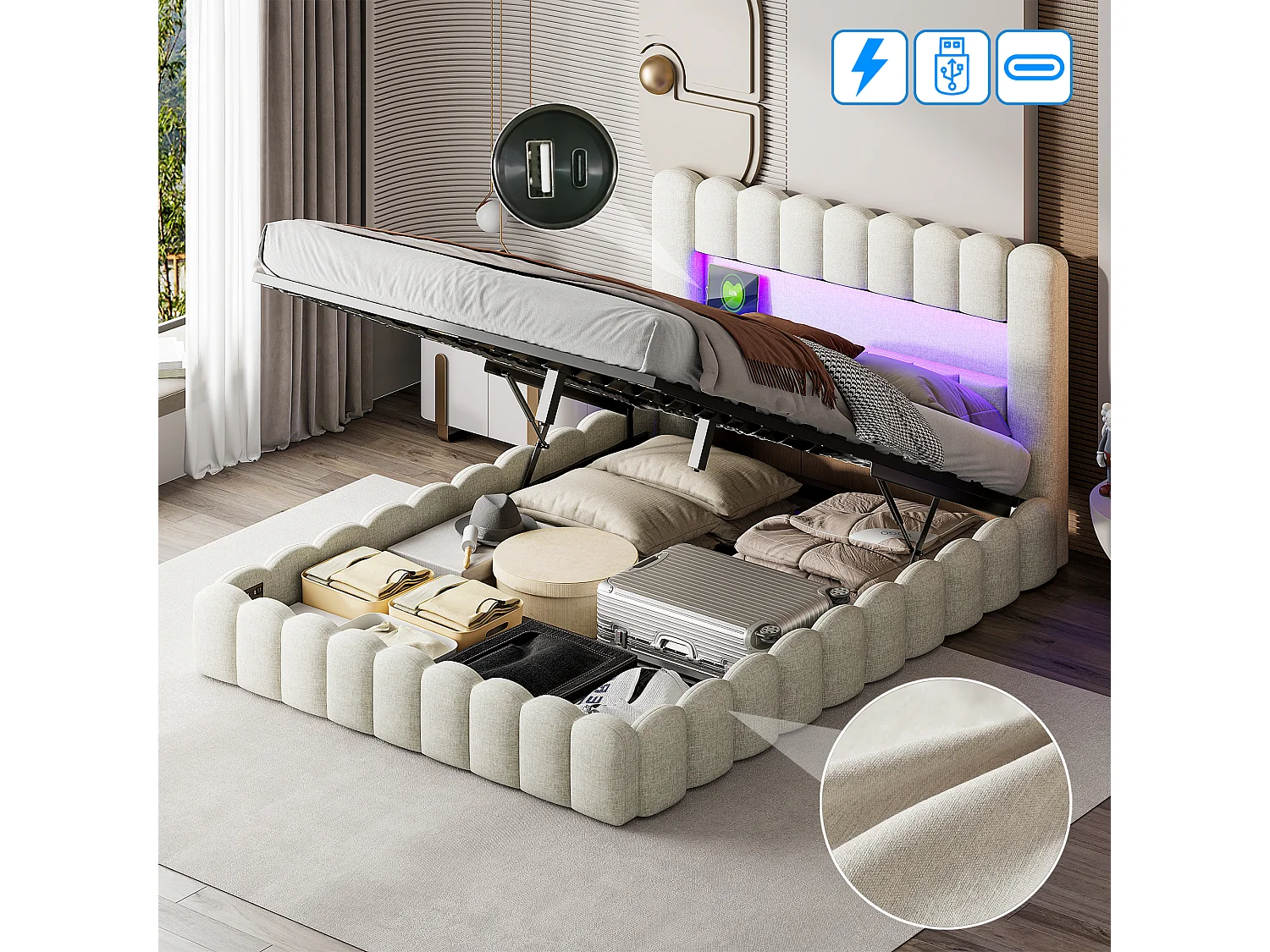 Lit double 160×200cm avec rangements, lit de souche avec éclairage LED,lin beige