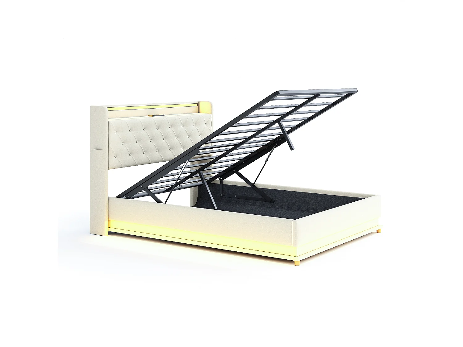 Cama estofada LED com arrumação, com base de ripas e cabeceira com função de carregamento USB, tecido de linho, bege 160x200cm
