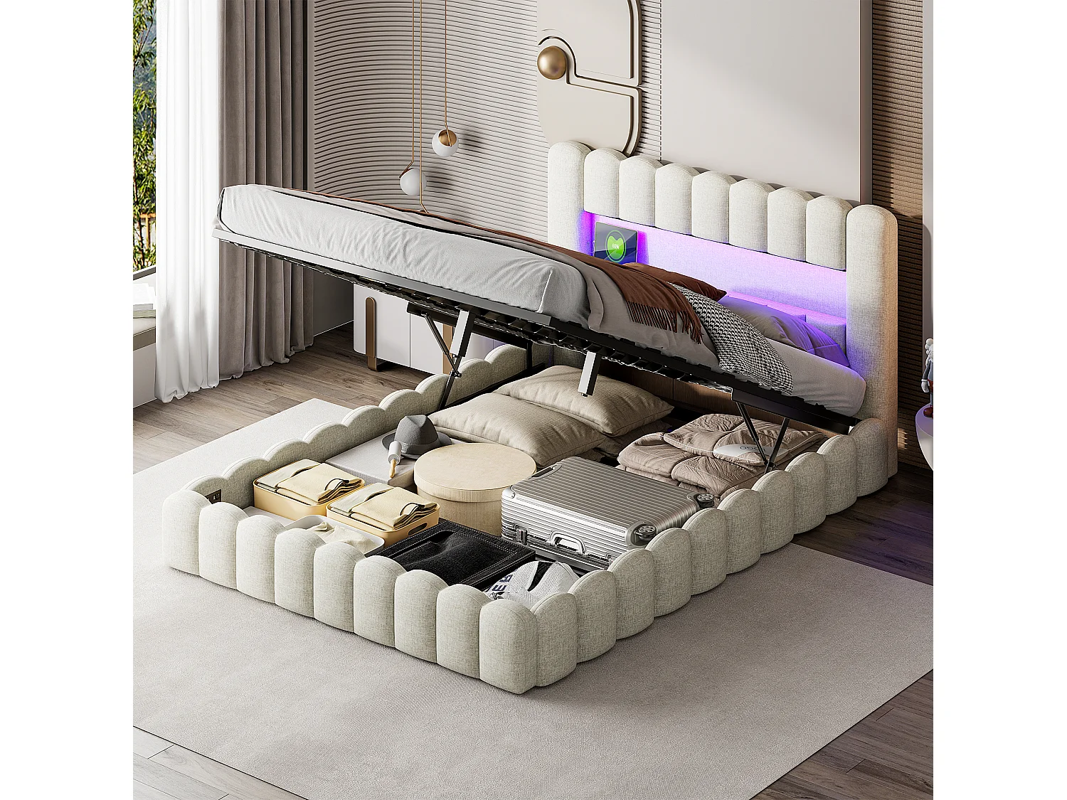 Tweepersoonsbed 140×200cm met opbergruimte, bedstee met ledverlichting, beige linnen