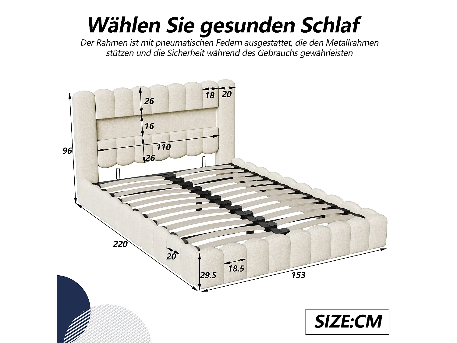 Tweepersoonsbed 140×200cm met opbergruimte, bedstee met ledverlichting, beige linnen