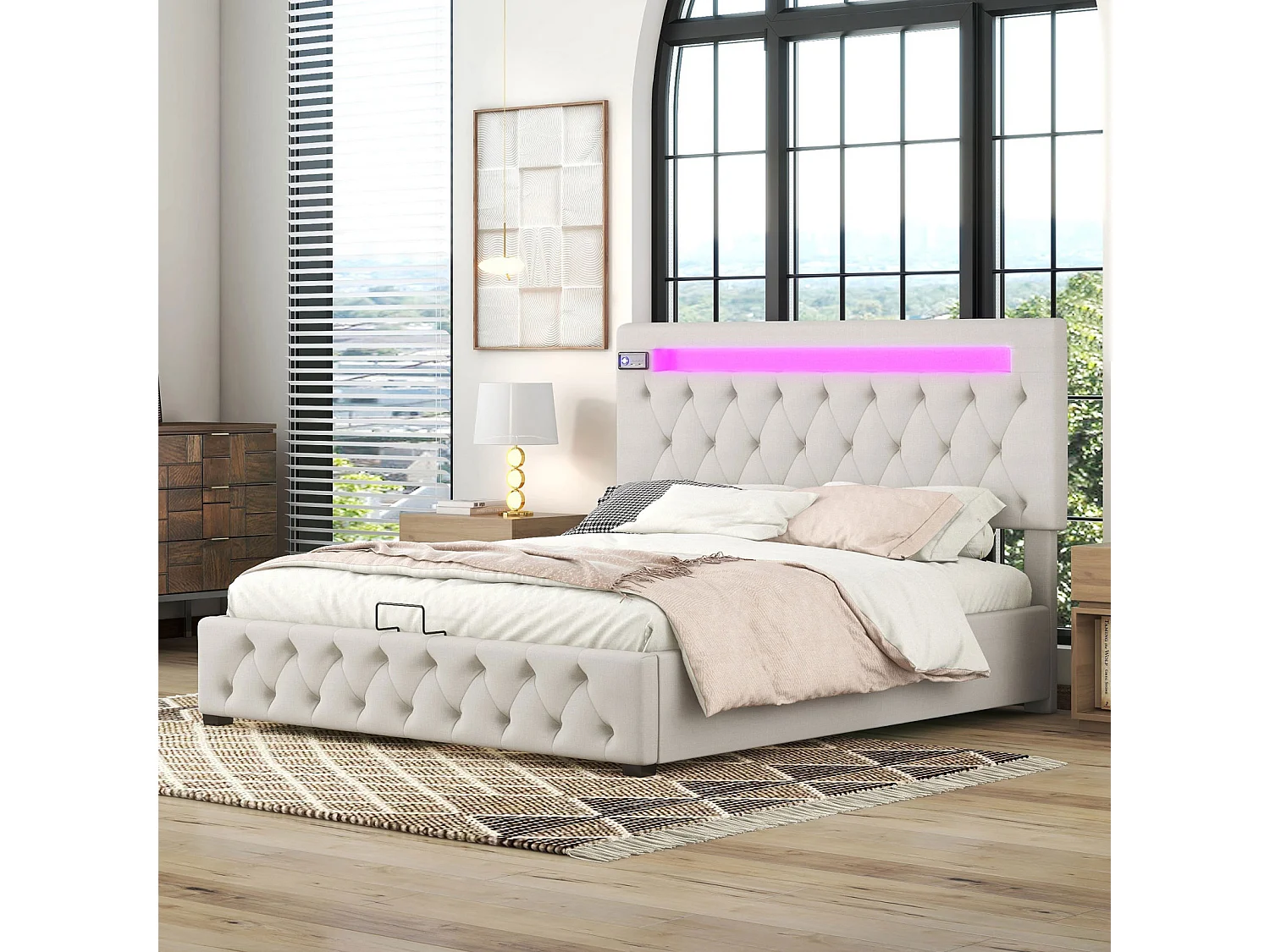 Lit coffre 140x200cm - lit double avec sommier à lattes en bois et tête de lit LED réglable avec recharge USB - beige