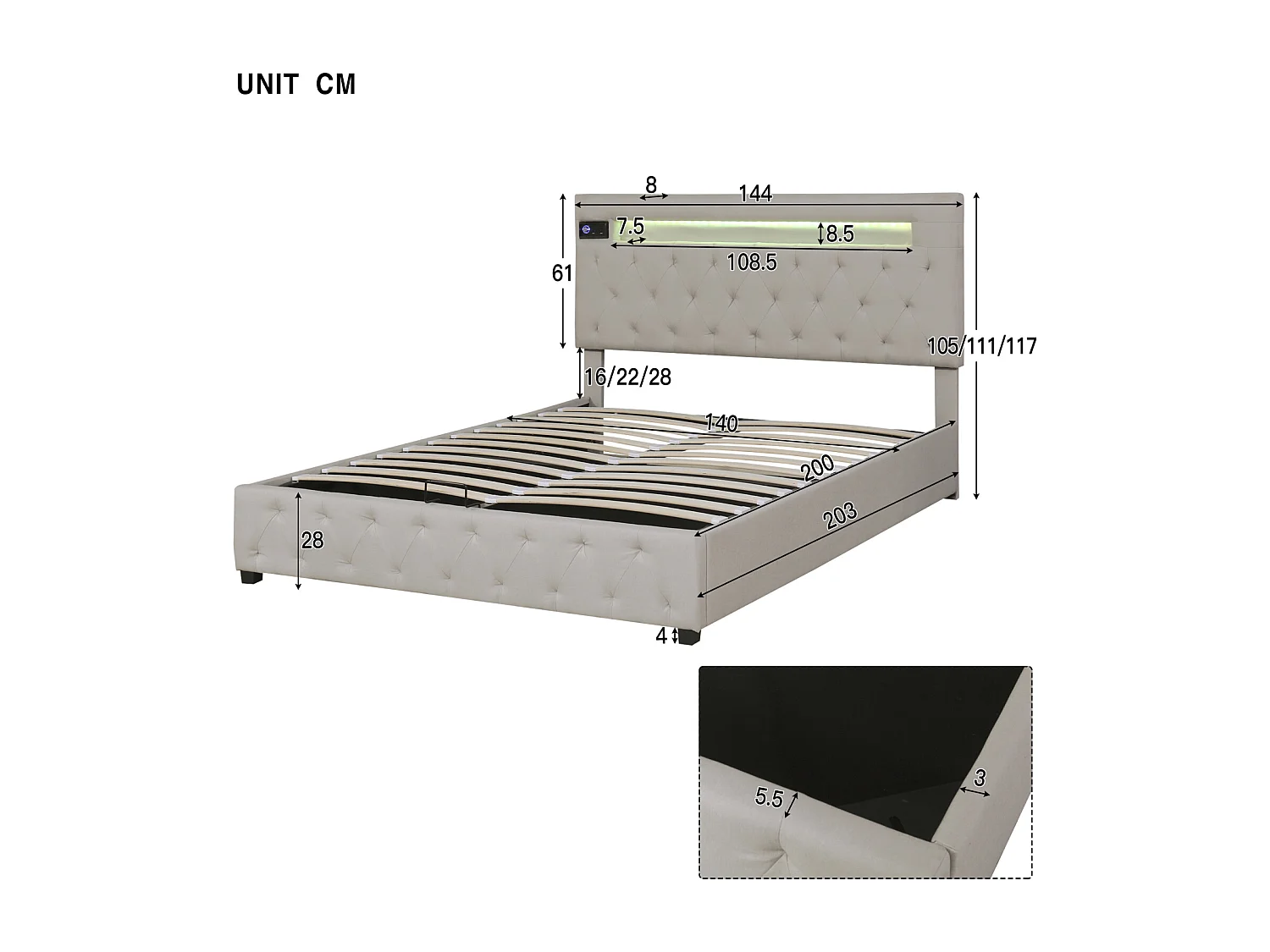Lit coffre 140x200cm - lit double avec sommier à lattes en bois et tête de lit LED réglable avec recharge USB - beige