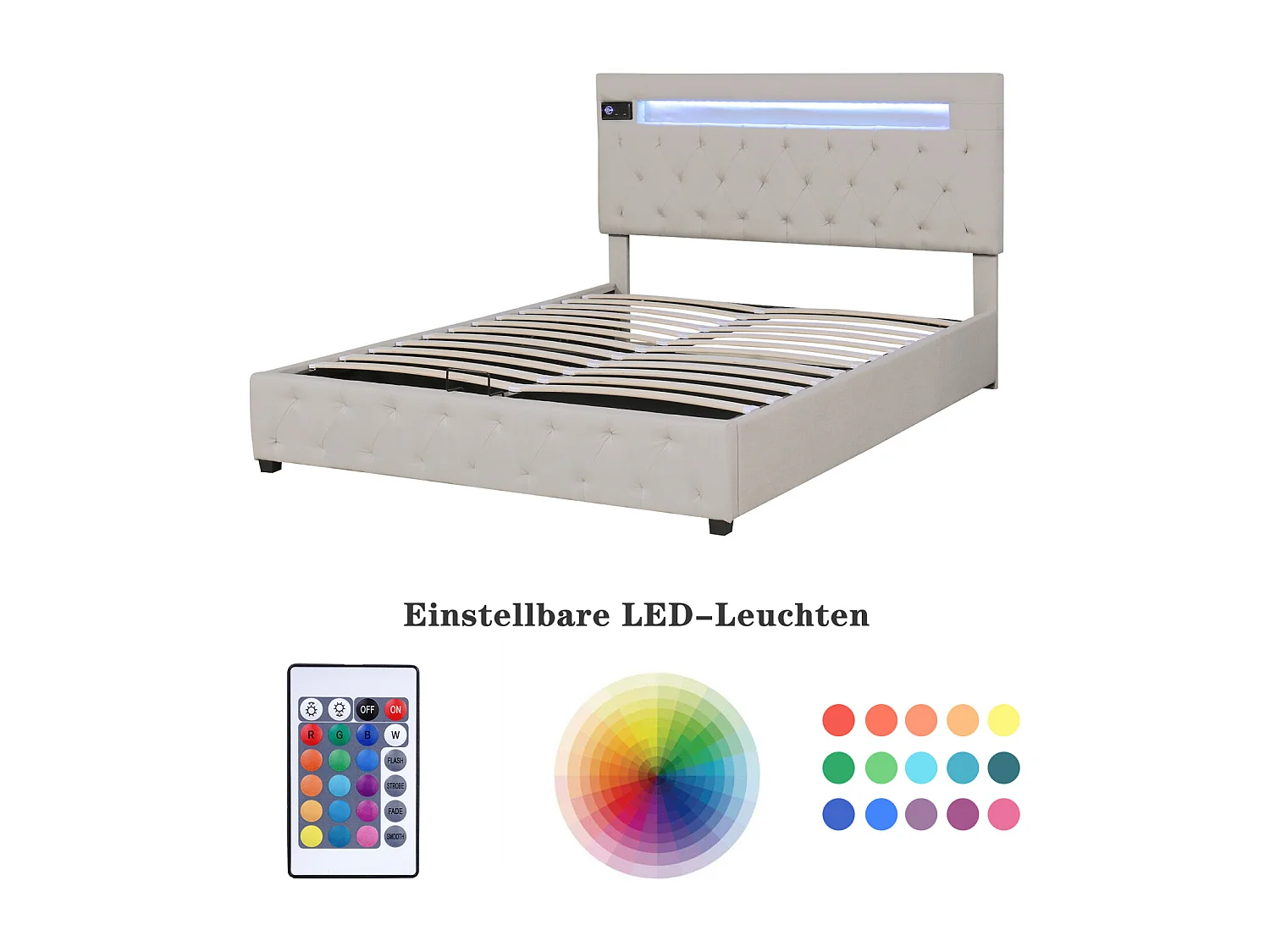 Lit coffre 140x200cm - lit double avec sommier à lattes en bois et tête de lit LED réglable avec recharge USB - beige