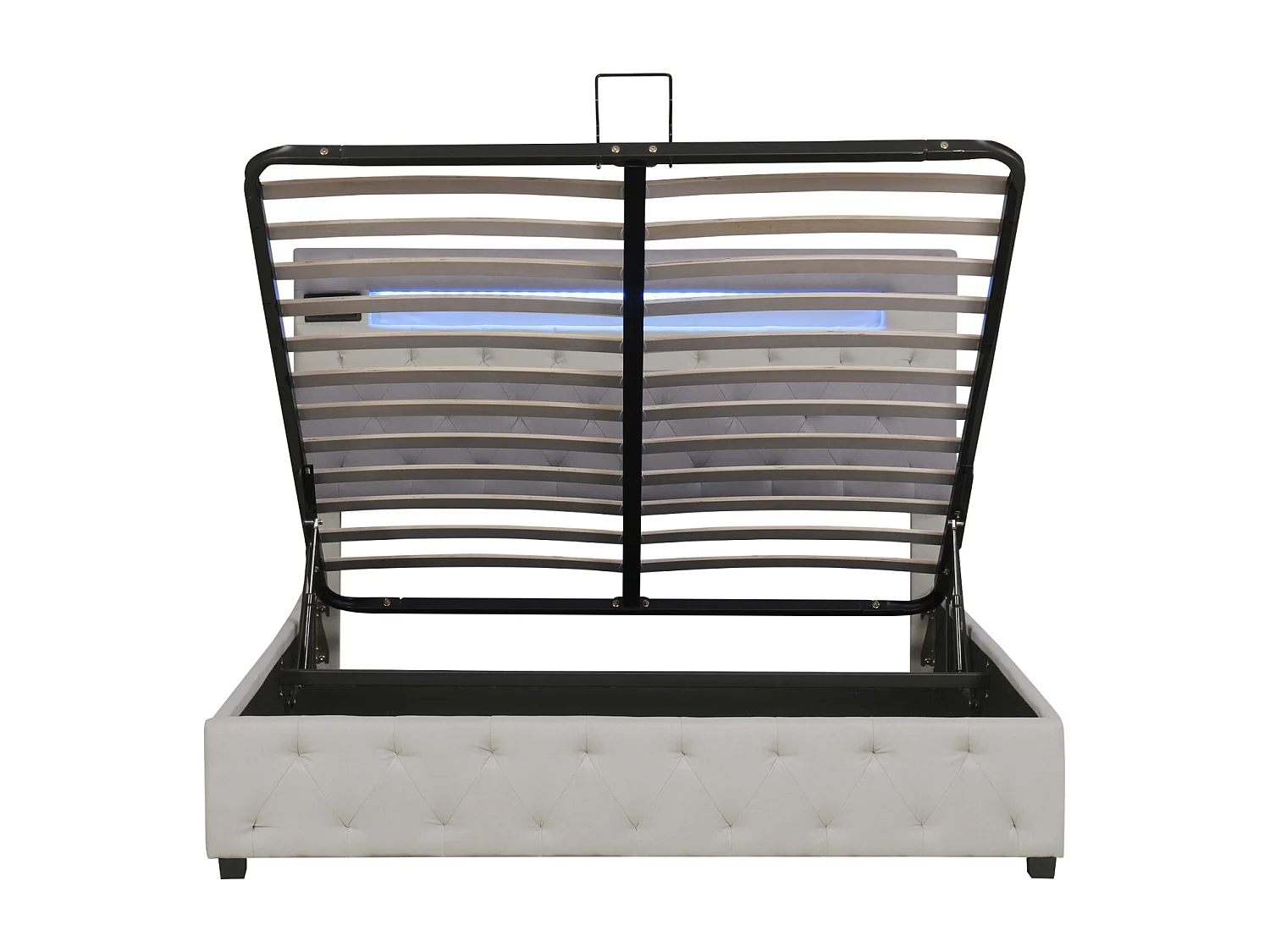 Lit coffre 140x200cm - lit double avec sommier à lattes en bois et tête de lit LED réglable avec recharge USB - beige