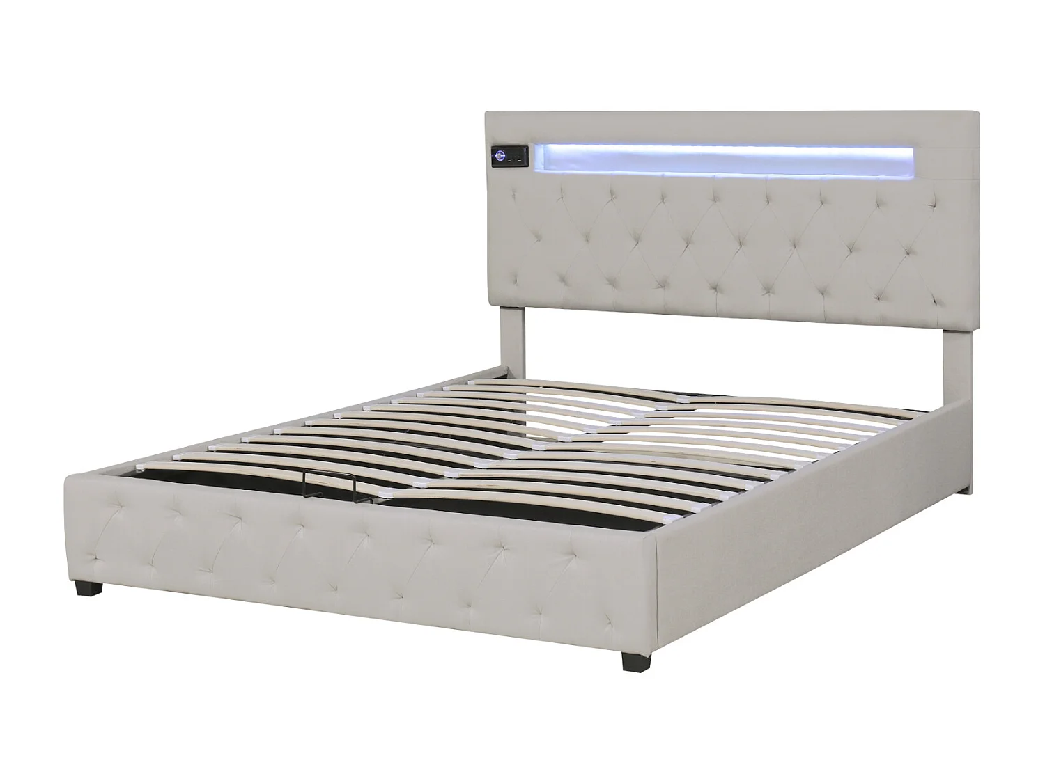 Lit coffre 140x200cm - lit double avec sommier à lattes en bois et tête de lit LED réglable avec recharge USB - beige