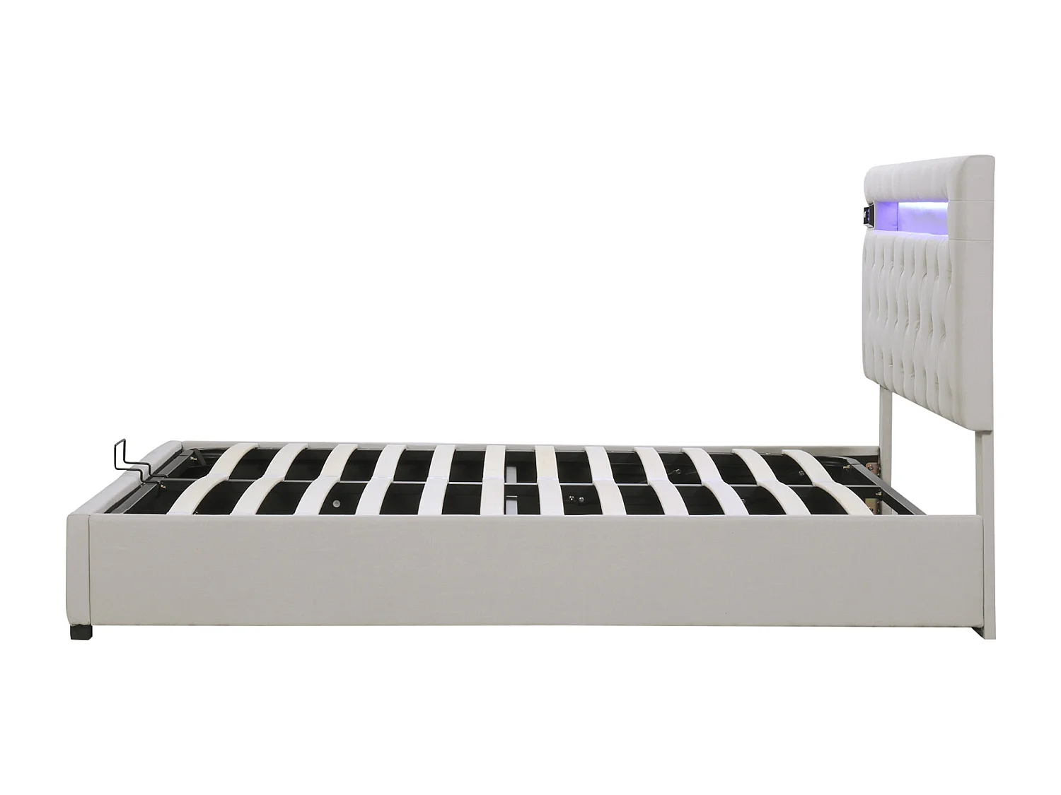 Lit coffre 140x200cm - lit double avec sommier à lattes en bois et tête de lit LED réglable avec recharge USB - beige