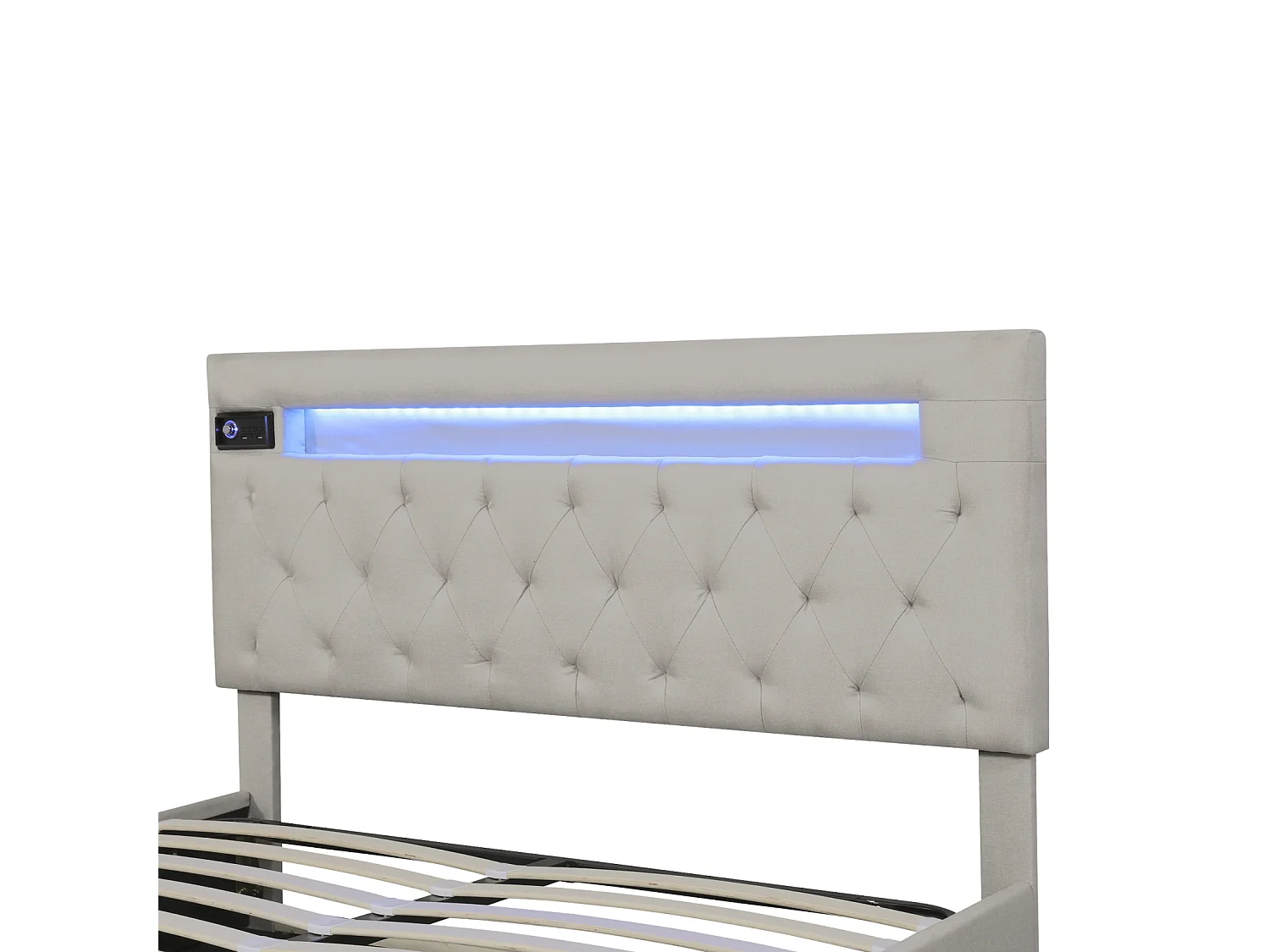 Lit coffre 140x200cm - lit double avec sommier à lattes en bois et tête de lit LED réglable avec recharge USB - beige