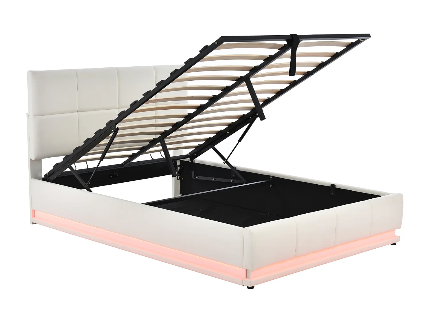 140x200 cm opbergbed - Hydraulisch opklapbaar gecapitonneerd LED tweepersoonsbed met lattenbodem - Beige