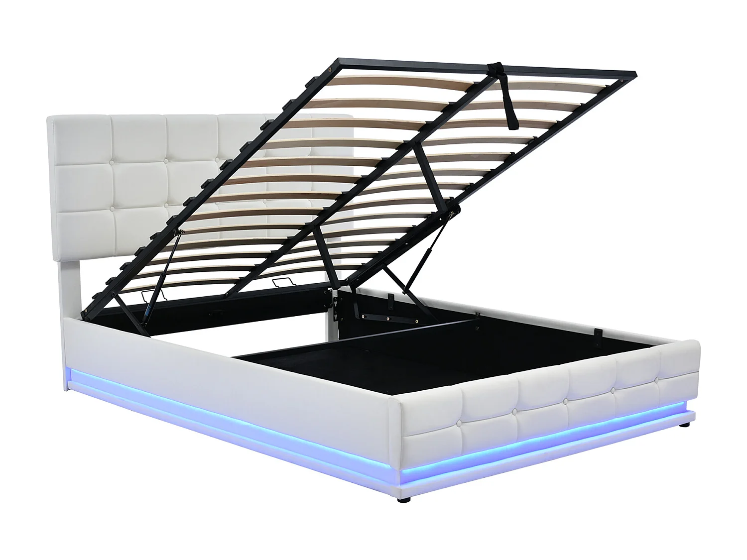 lit coffre 140x200,lit double,lit capitonné avec éclairage LED et sommier,Conception à grain droit,PU,Blanc