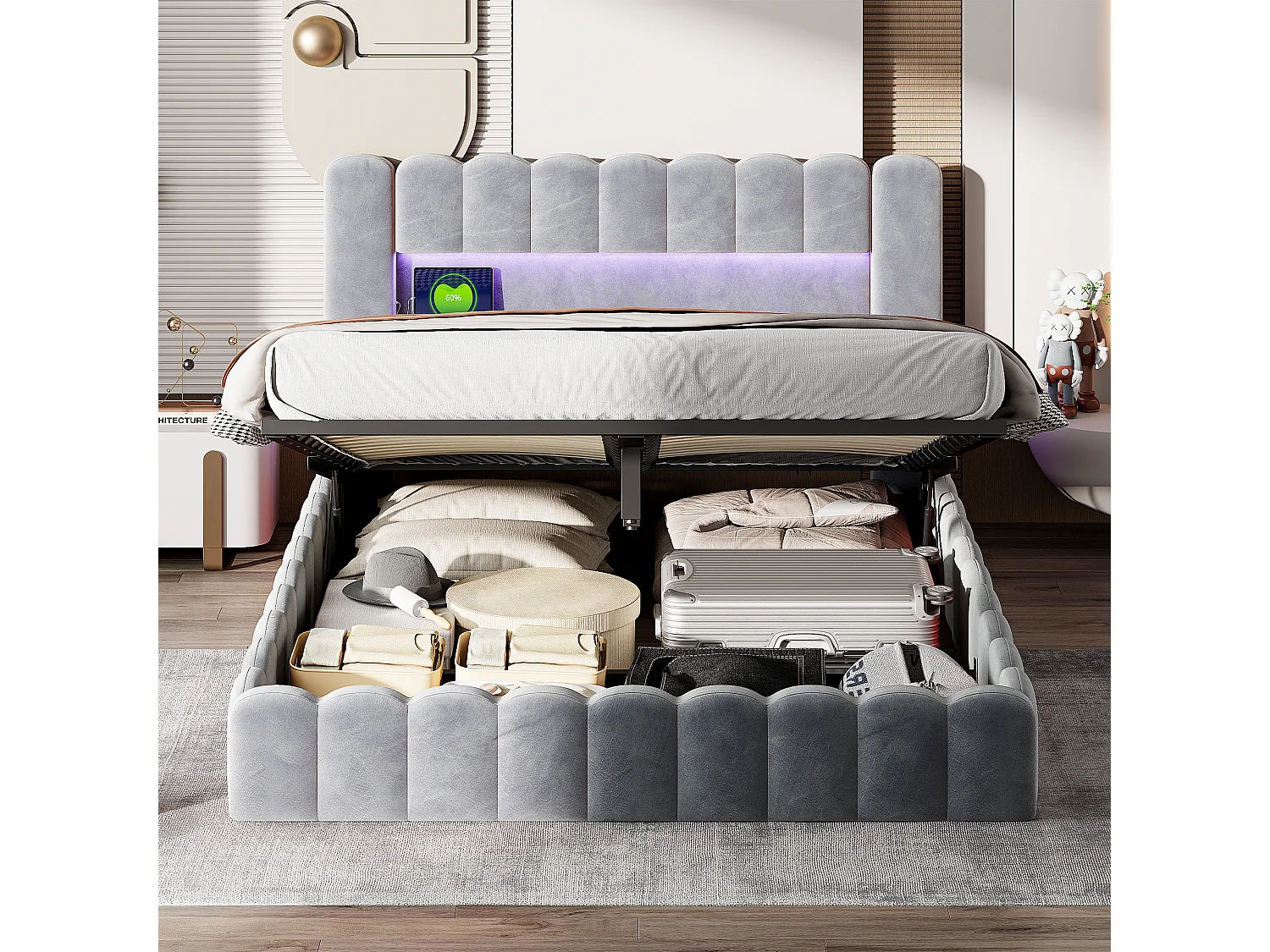 Lit double 180×200cm avec rangements, lit de souche avec éclairage LED,lin gris