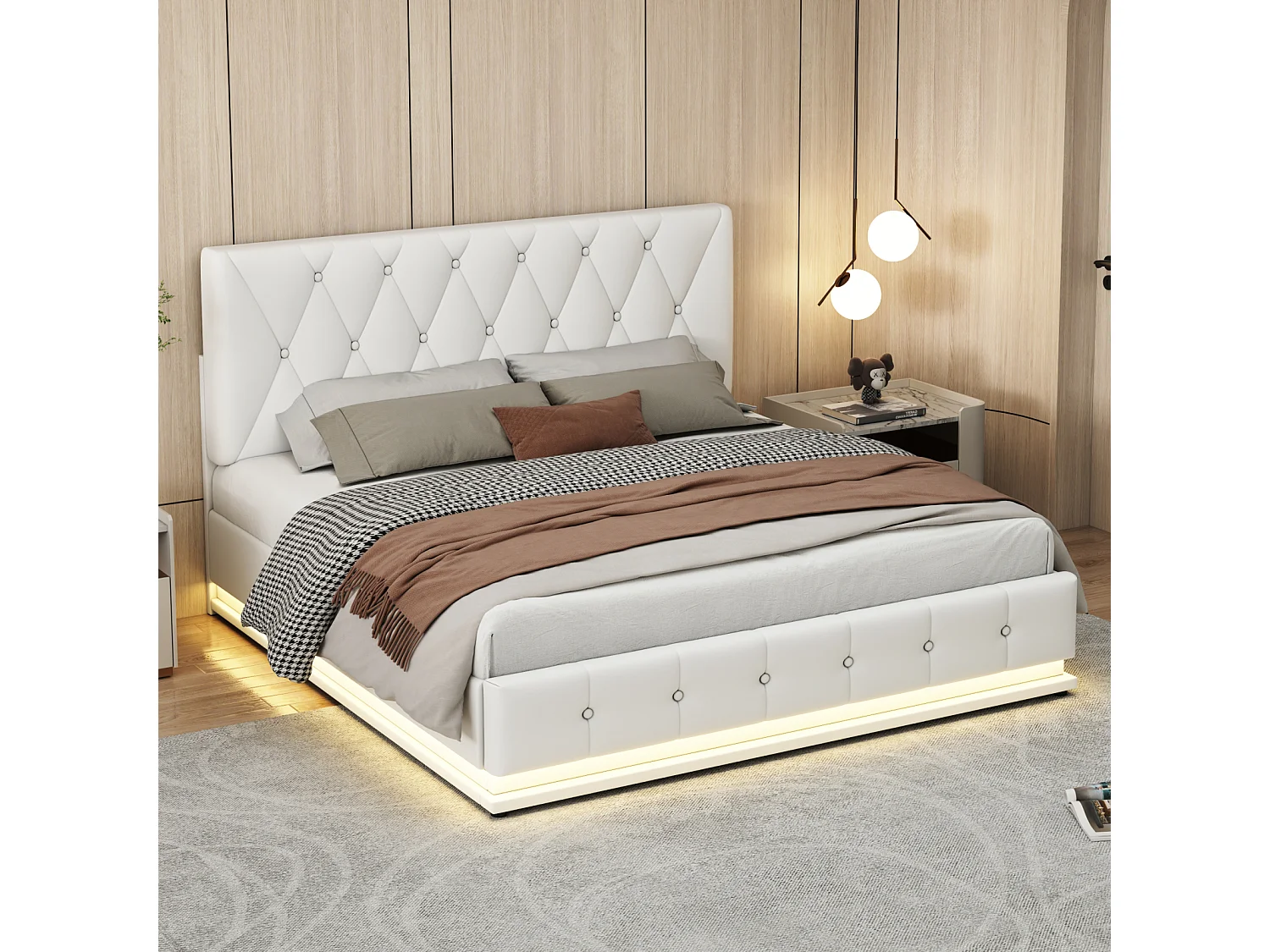 Lit adulte 140 x 200 cm avec LED. en similicuir. blanc