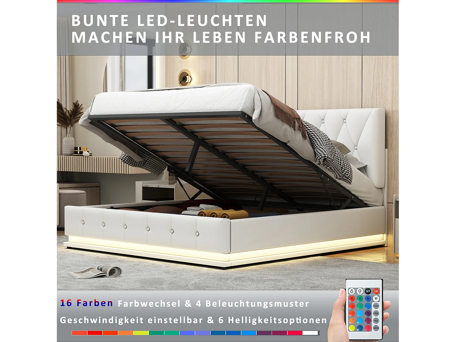 Lit adulte 140 x 200 cm avec LED. en similicuir. blanc