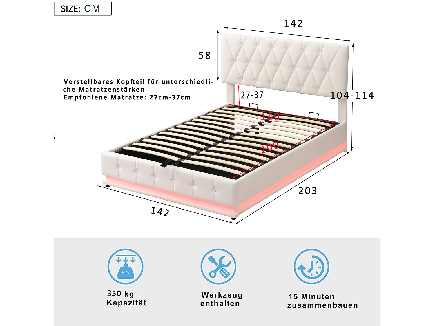 Lit adulte 140 x 200 cm avec LED. en similicuir. blanc