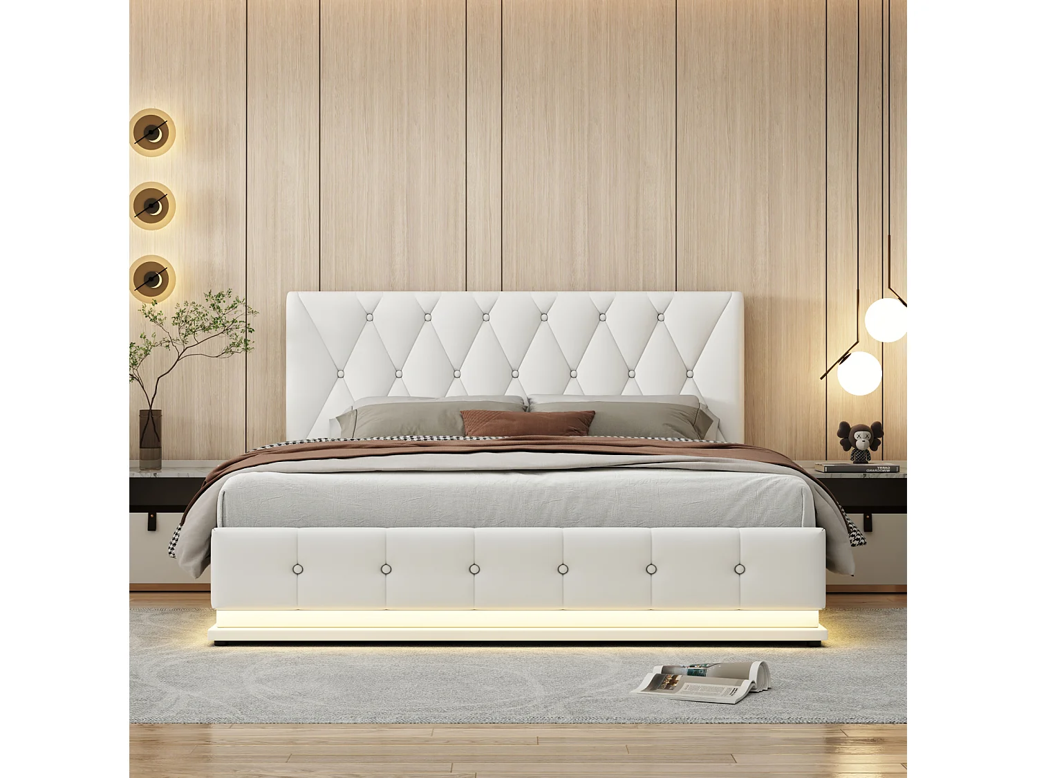 Lit adulte 140 x 200 cm avec LED. en similicuir. blanc