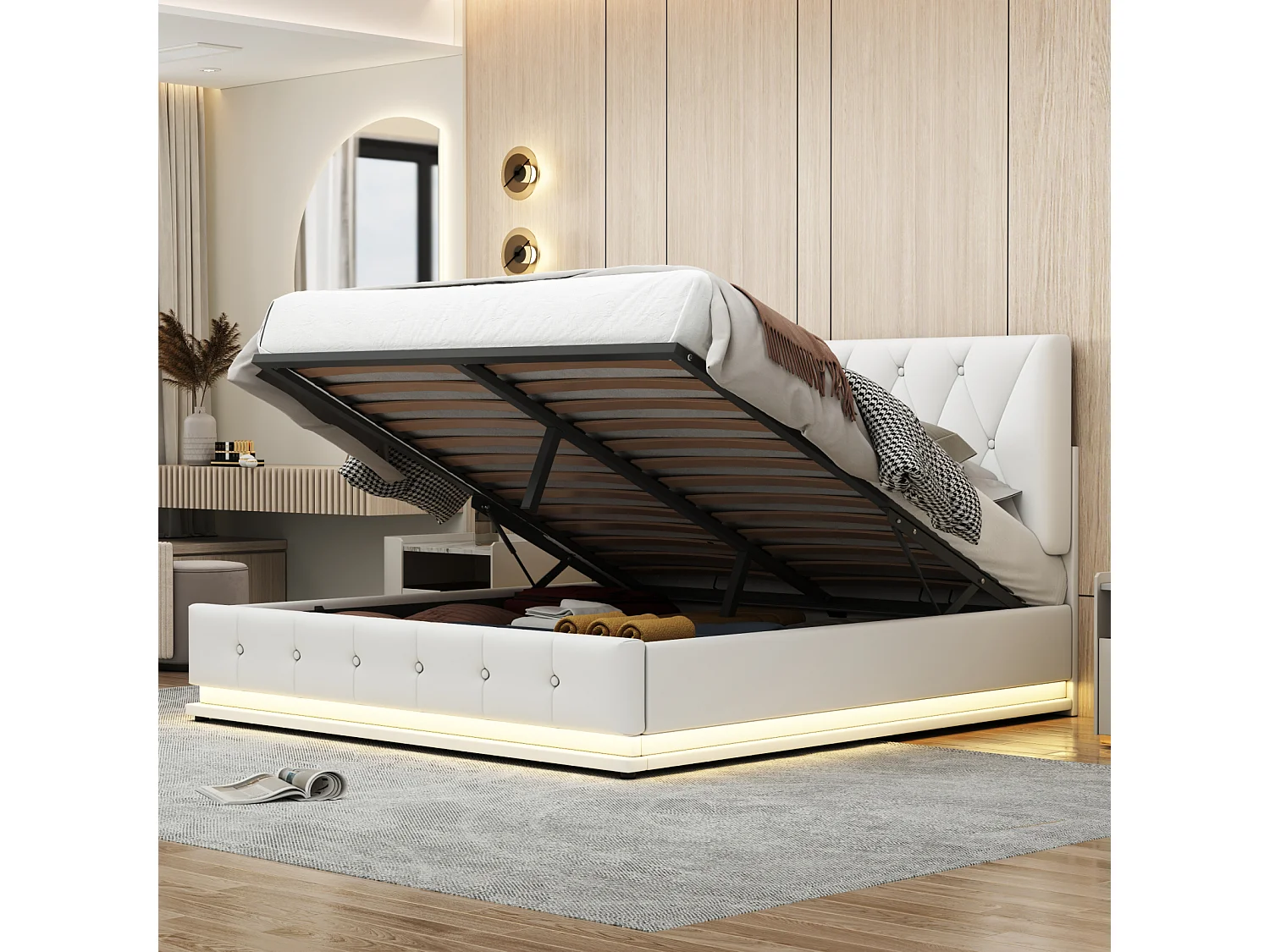 Lit adulte 140 x 200 cm avec LED. en similicuir. blanc