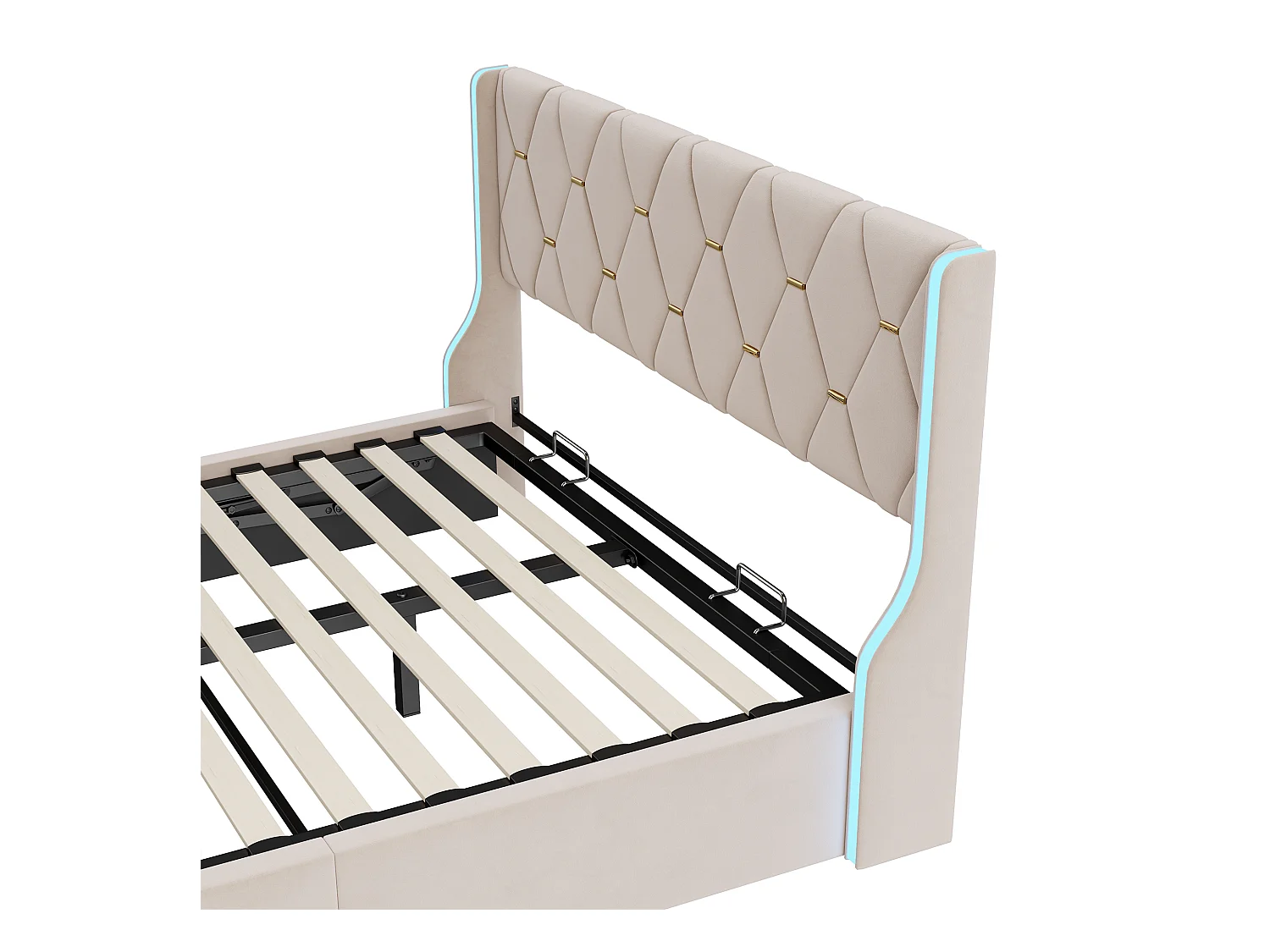 Lit double 160 x 200 avec sommier,lit capitonné avec rangement, Tête de lit avec lumières LED réglables,velours,Beige