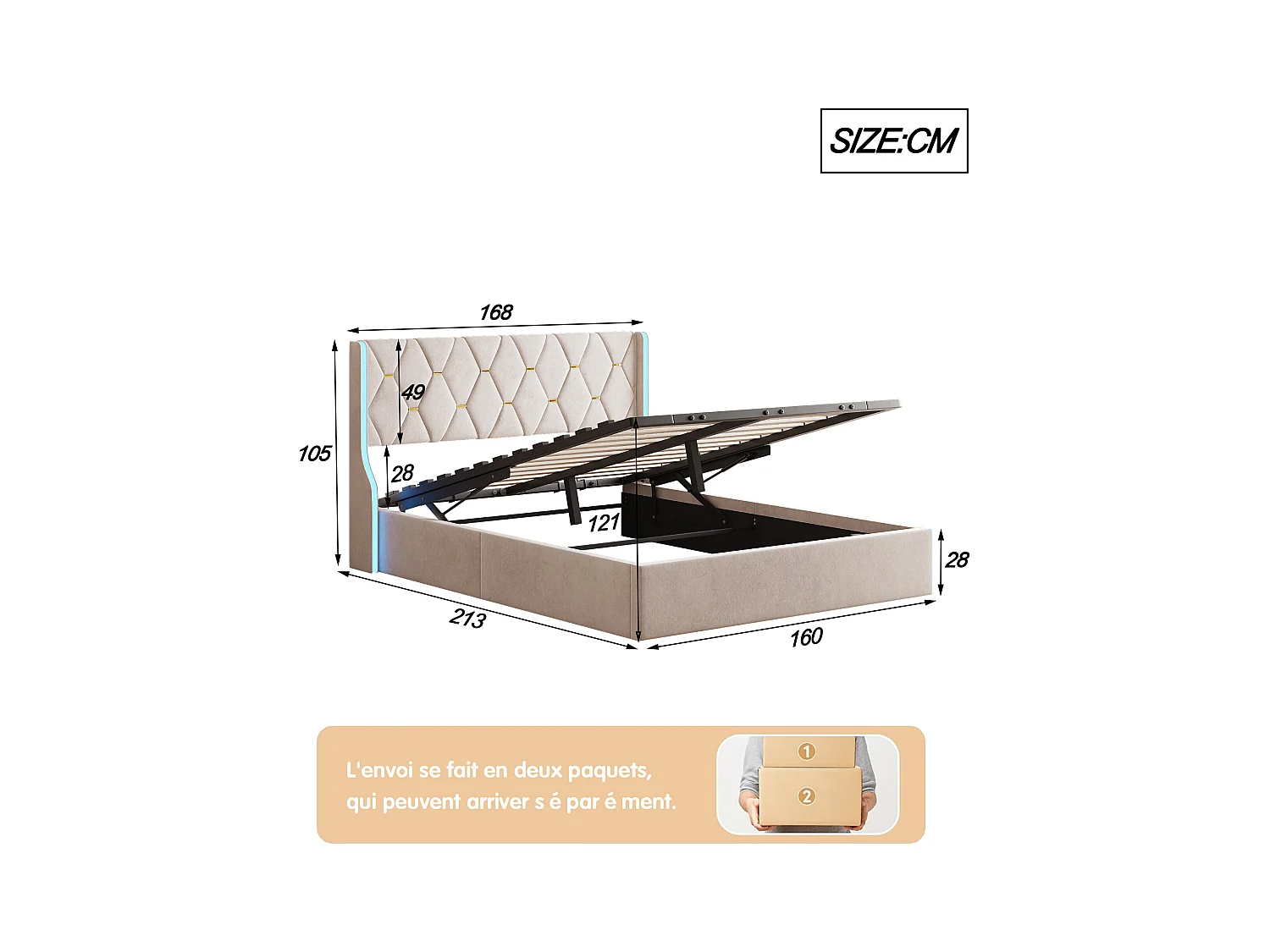 Lit double 160 x 200 avec sommier,lit capitonné avec rangement, Tête de lit avec lumières LED réglables,velours,Beige