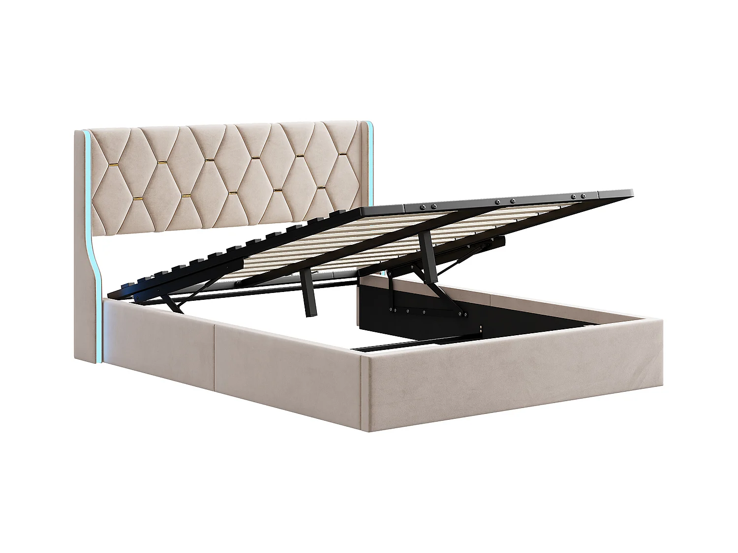 Lit double 160 x 200 avec sommier,lit capitonné avec rangement, Tête de lit avec lumières LED réglables,velours,Beige