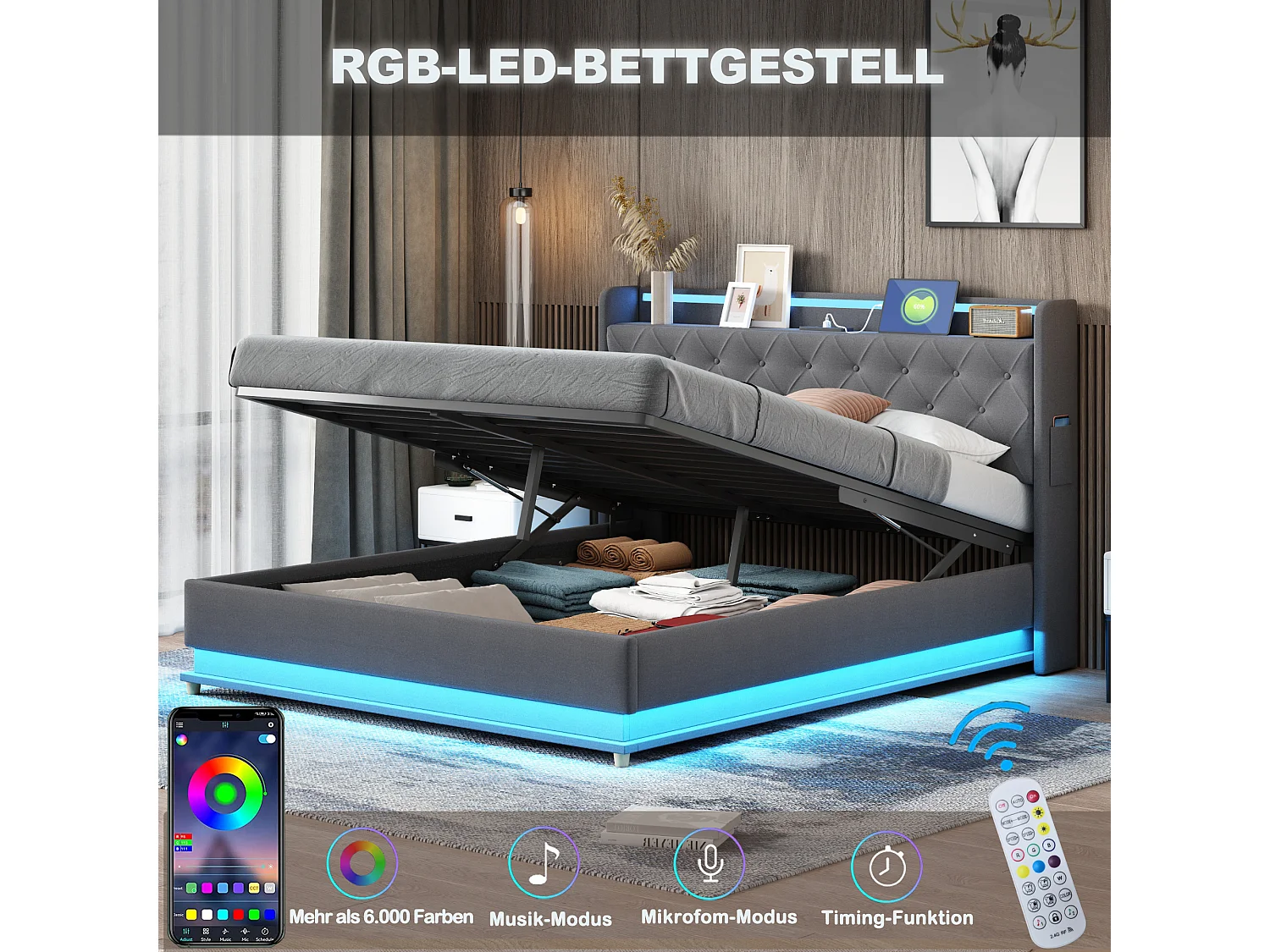 LED gestoffeerd opbergbed, met lattenbodem en hoofdbord met USB-oplaadfunctie, linnen stof, grijs 160x200cm