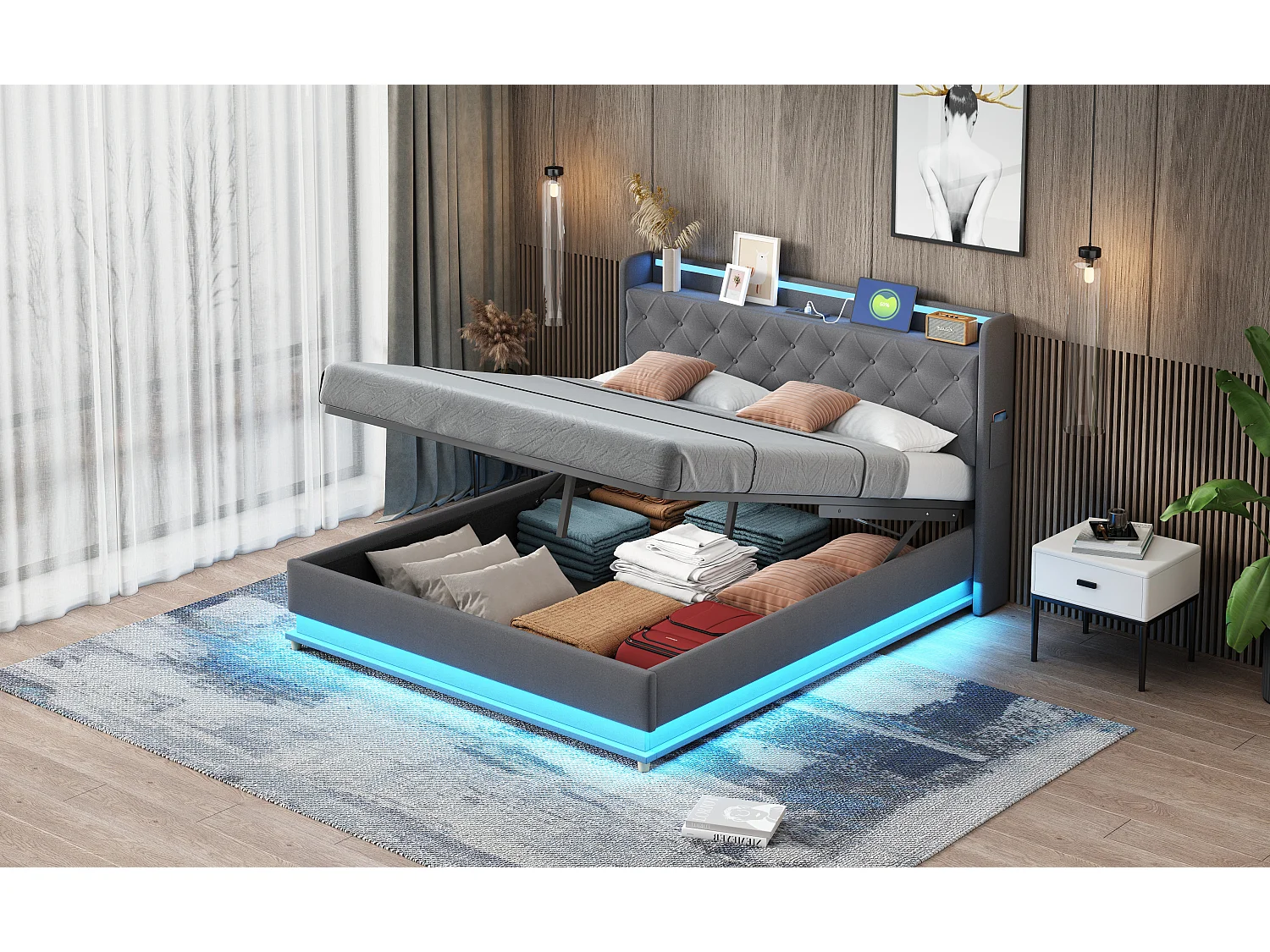 Lit coffre rembourré LED, avec sommier à lattes et tête de lit avec fonction chargement USB, tissu en lin, gris 160x200cm