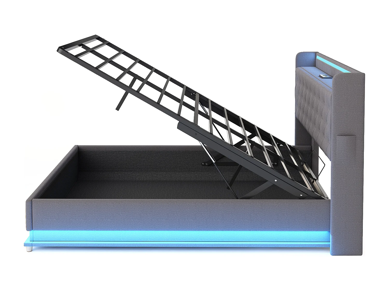 Lit coffre rembourré LED, avec sommier à lattes et tête de lit avec fonction chargement USB, tissu en lin, gris 160x200cm