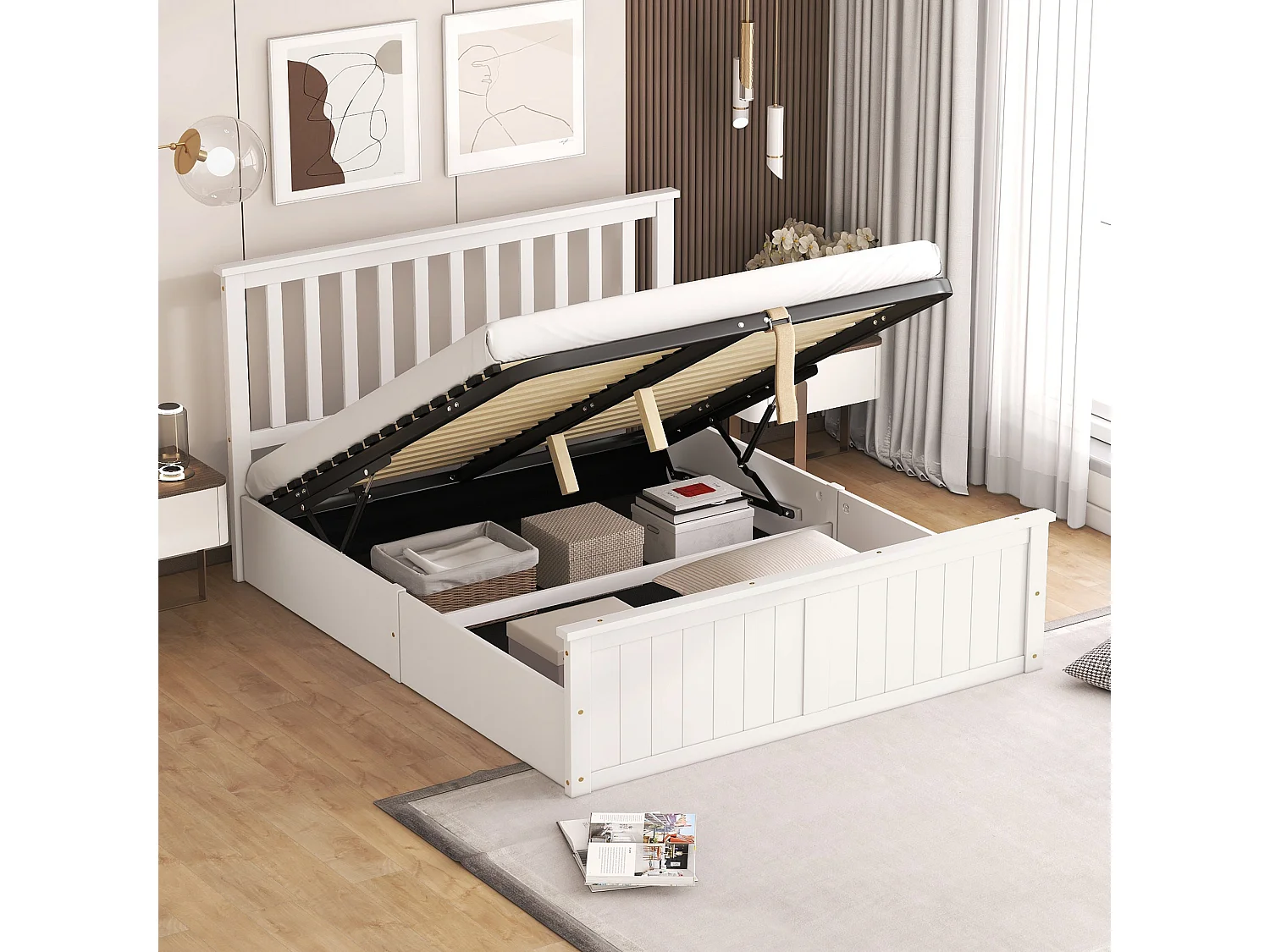 Tweepersoonsbed van hout 140x200cm met lattenbodem en opbergruimte voor kinderen, tieners, volwassenen, eenvoudig te monteren, wit