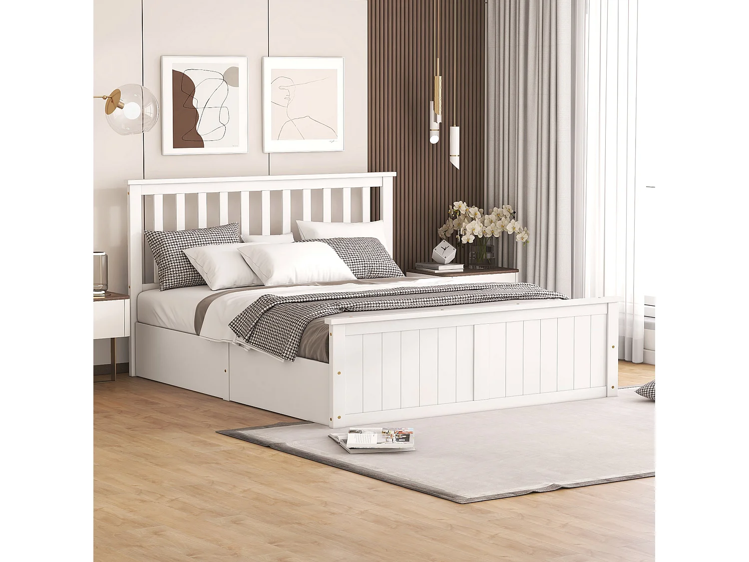 Tweepersoonsbed van hout 140x200cm met lattenbodem en opbergruimte voor kinderen, tieners, volwassenen, eenvoudig te monteren, wit