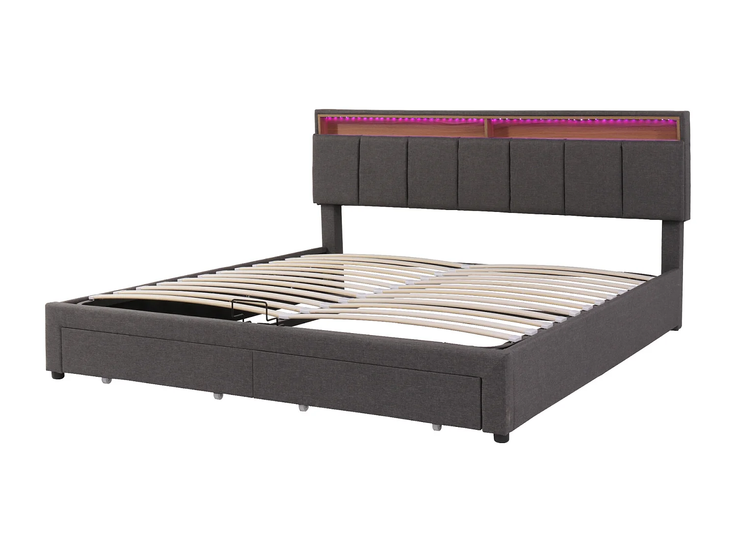 illuminato capitonné 180 x 200 con 2 cassetti,éclairage LEDlevier hydraulique,lin,gris