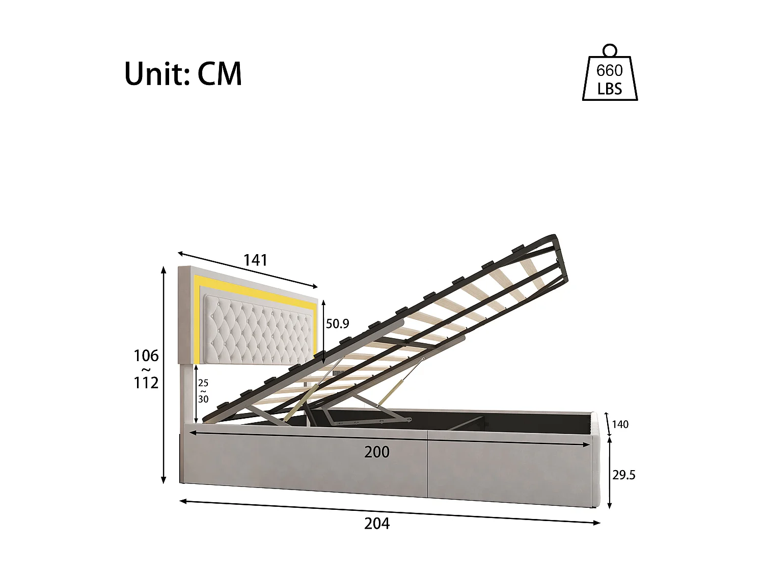 140x200 cm fluwelen opbergbed - met LED en lattenbodem - Tweepersoonsbed met opbergruimte - met in hoogte verstelbaar hoofdeinde - Beige