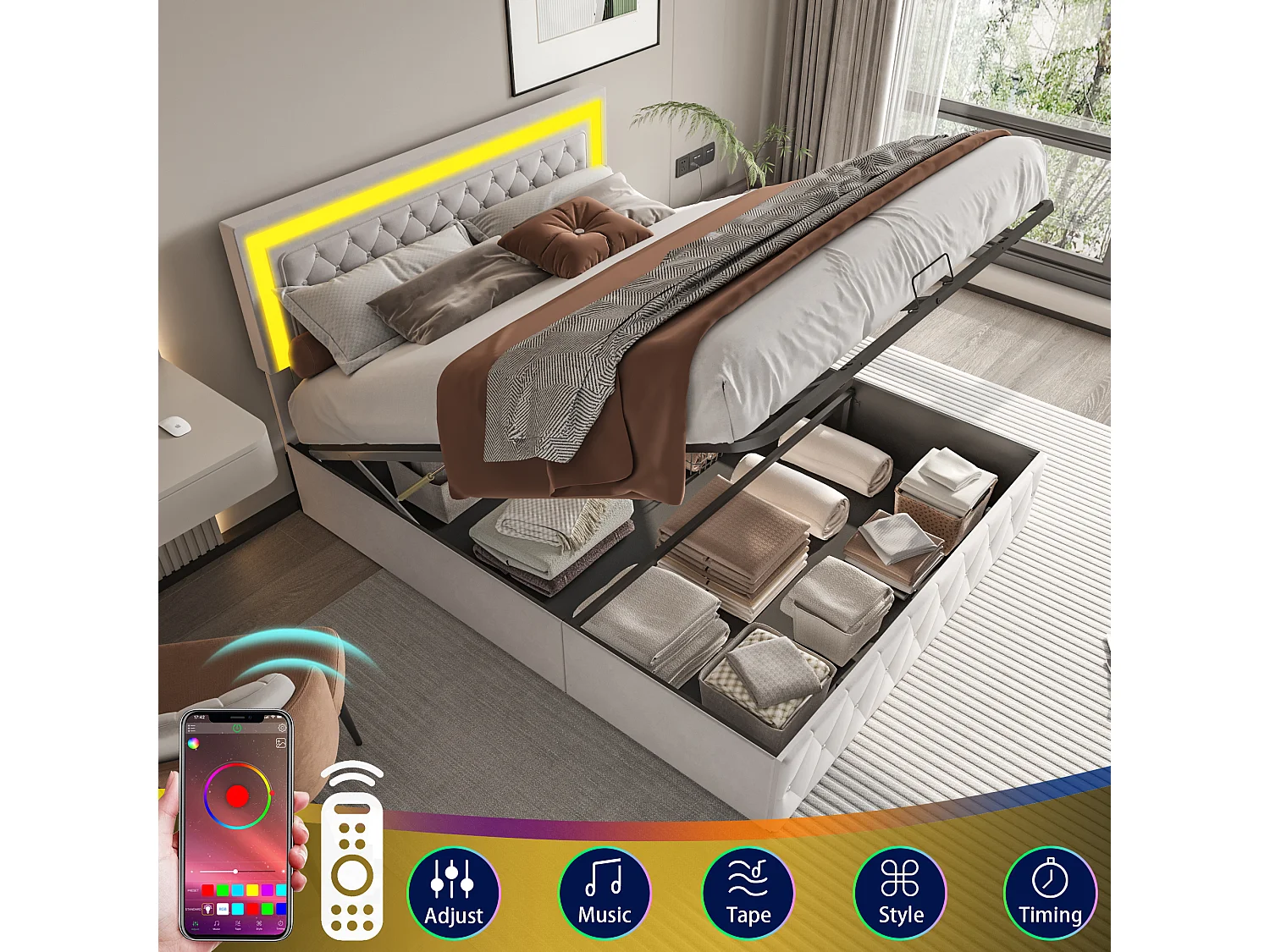 140x200 cm fluwelen opbergbed - met LED en lattenbodem - Tweepersoonsbed met opbergruimte - met in hoogte verstelbaar hoofdeinde - Beige