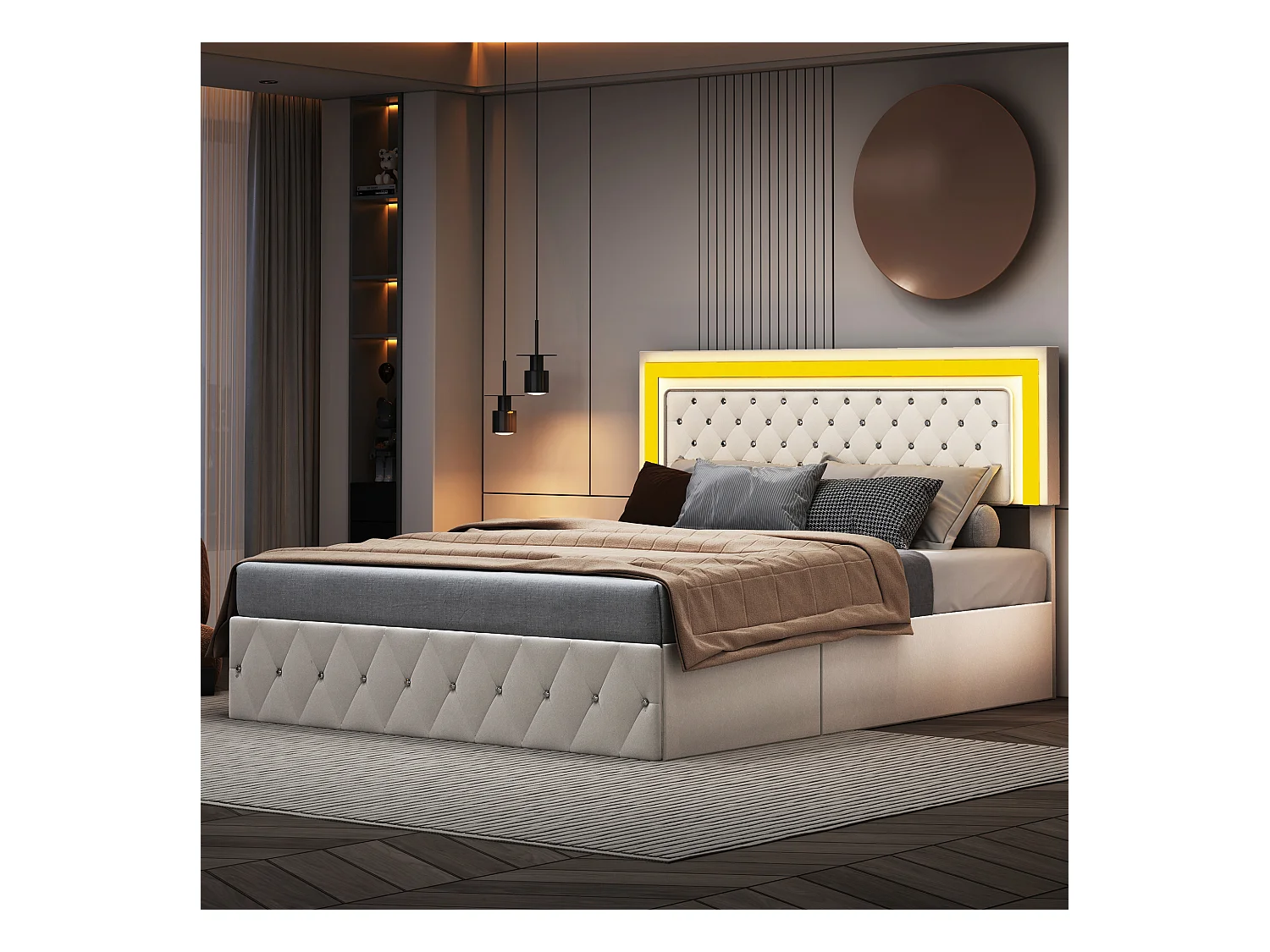 Lit coffre 140x200 cm en velours - avec LED et sommier à lattes - Lit double de rangement - avec tête de lit réglable en hauteur - Beige