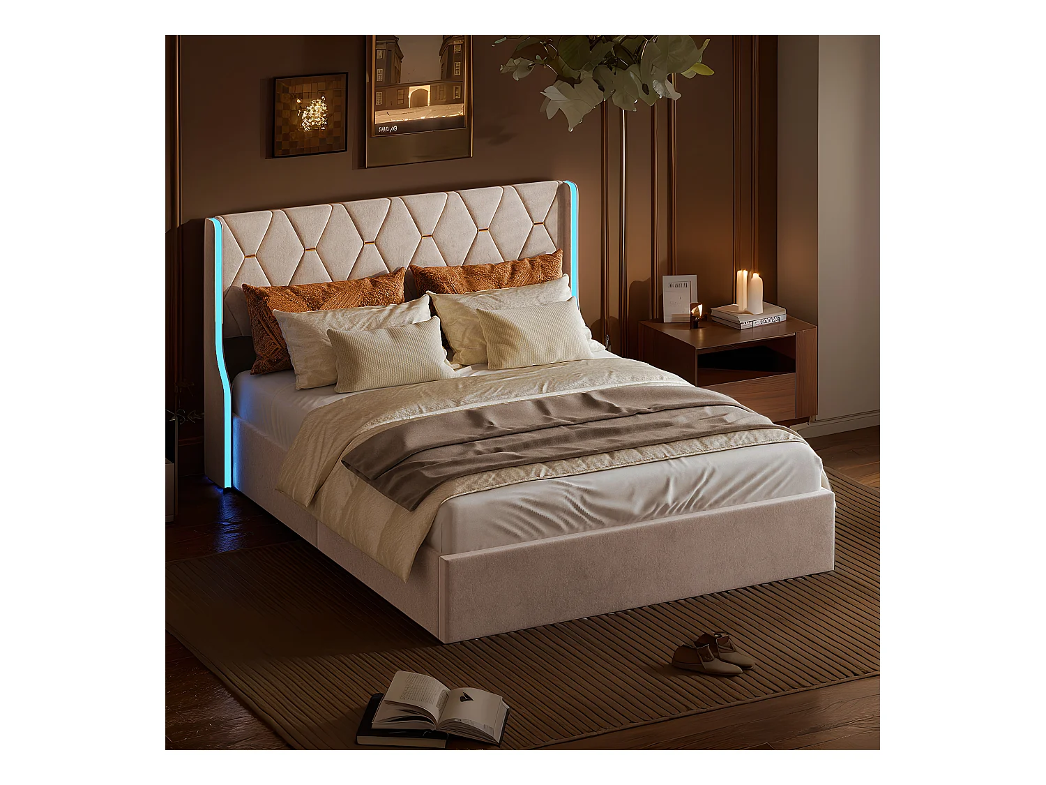 lit double 140 x 200 avec sommier,lit capitonné avec rangement, Tête de lit avec lumières LED réglables,velours,Beige