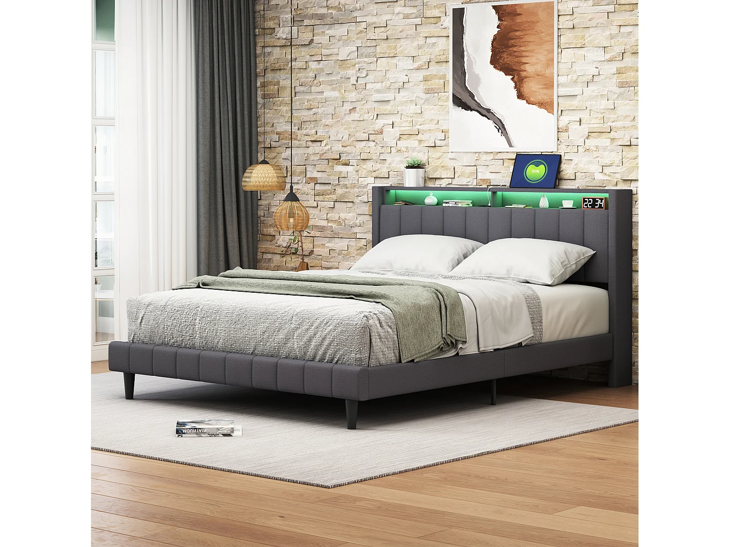 Lit adulte double 140 x 200 cm avec chargement USB et éclairage LED. Gris