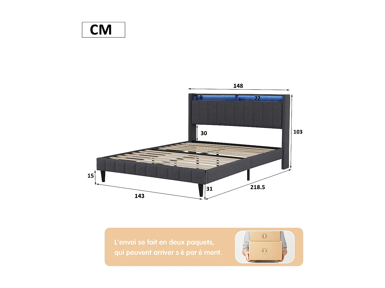 Lit adulte double 140 x 200 cm avec chargement USB et éclairage LED. Gris