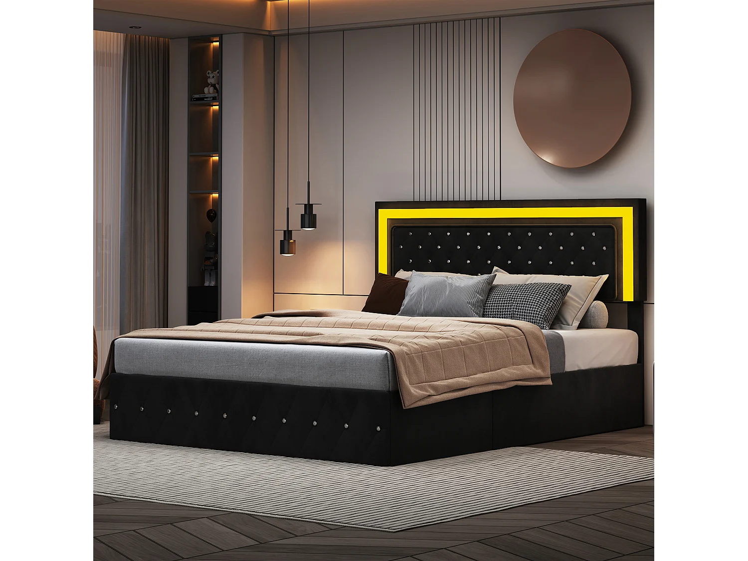 160x200 cm Samtbett mit Stauraum - mit LED und Lattenrost - Doppelbett mit Stauraum - mit höhenverstellbarem Kopfteil - Schwarz