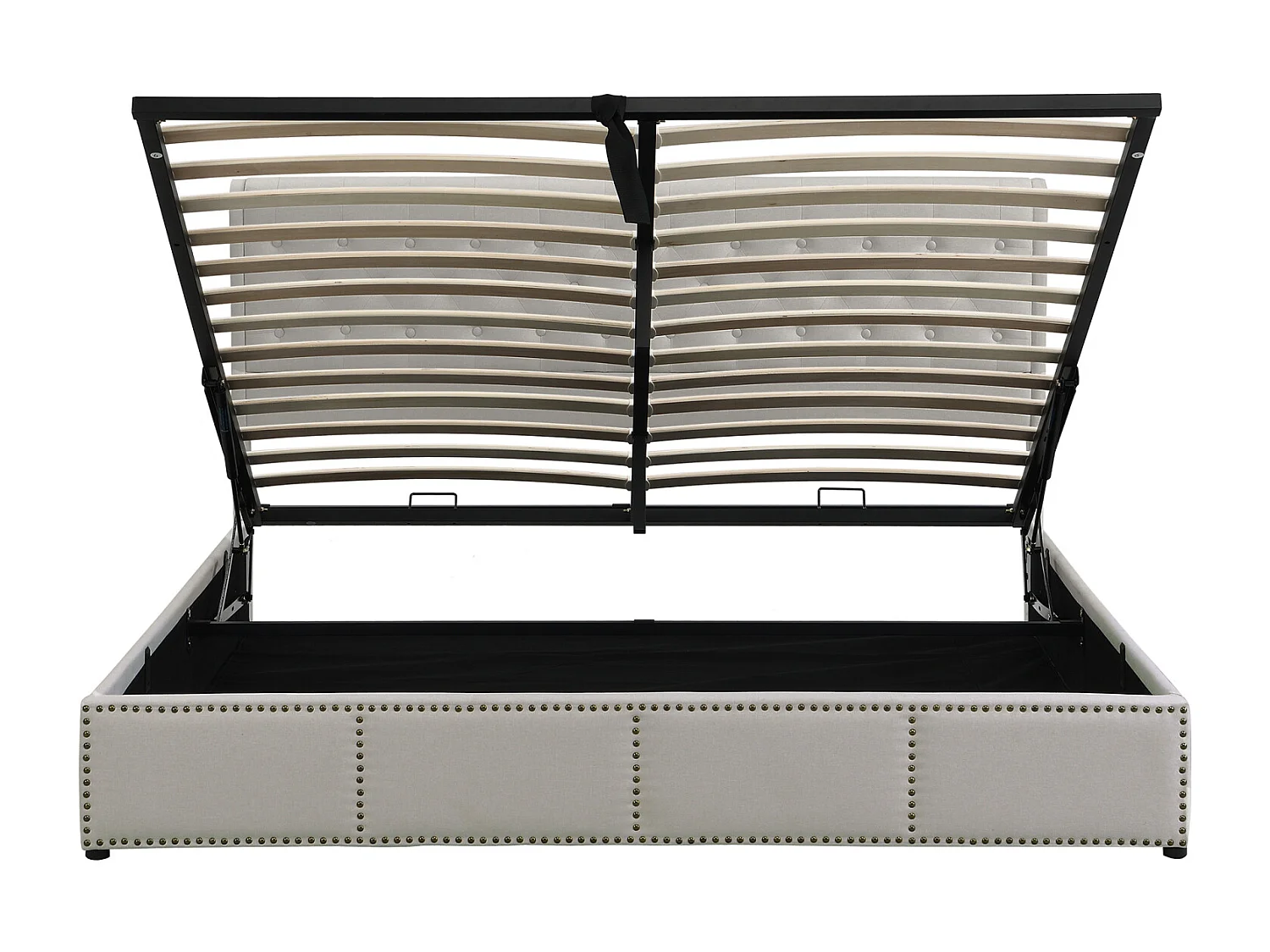 Opbergbed 180x200 cm, lattenbodem, linnen stof, klinknageldecoratie, gecapitonneerd tweepersoonsbed - grijs