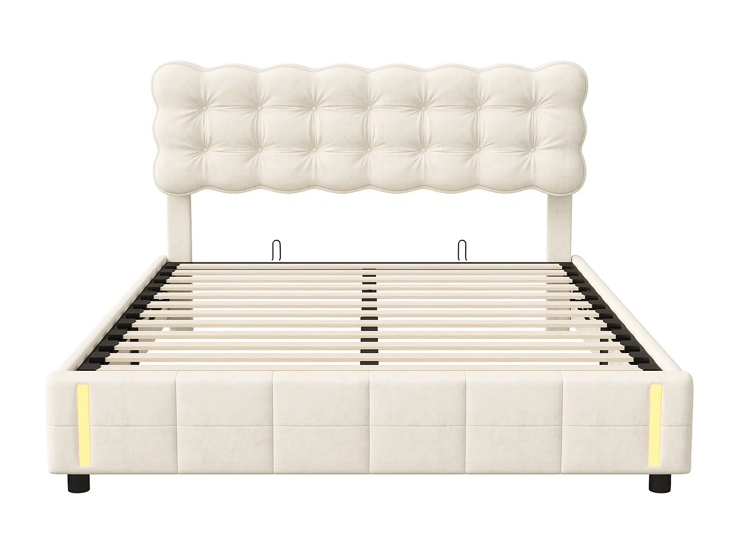 opbergbed 160 x 200, tweepersoonsbed gestoffeerd met hydraulische hendel, LED-verlichting aan het voeteneinde van het bed, fluweel, Beige