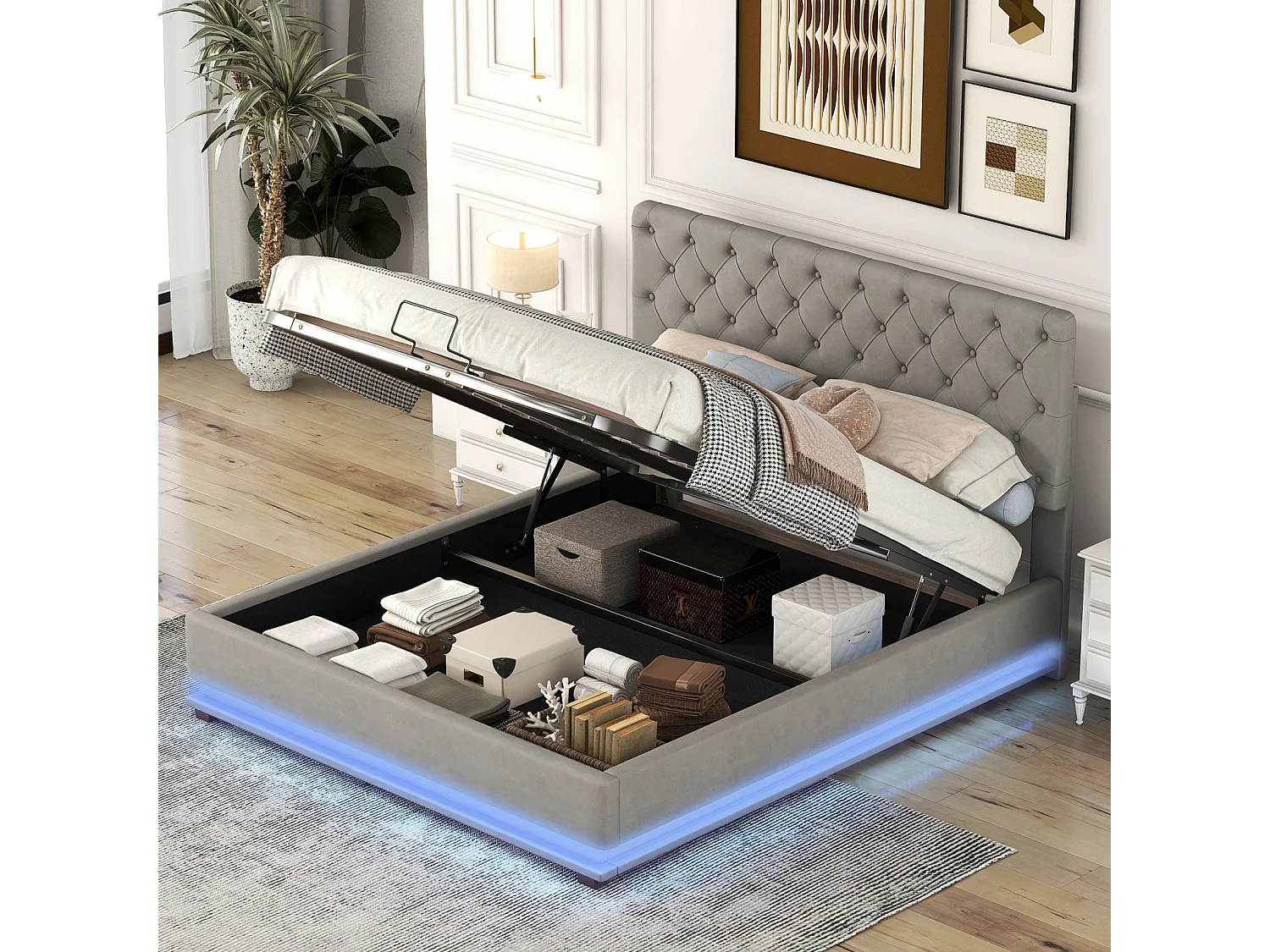 Lit coffre rembourré LED avec hydraulique et couvre-sommier à lattes, tête de lit réglable, Gris, 140x200cm