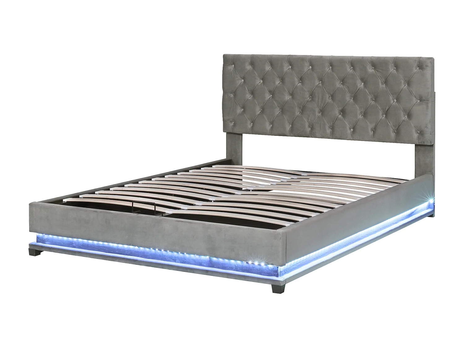 Lit coffre rembourré LED avec hydraulique et couvre-sommier à lattes, tête de lit réglable, Gris, 140x200cm