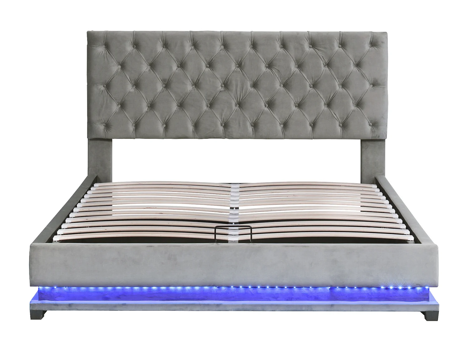 Lit coffre rembourré LED avec hydraulique et couvre-sommier à lattes, tête de lit réglable, Gris, 140x200cm