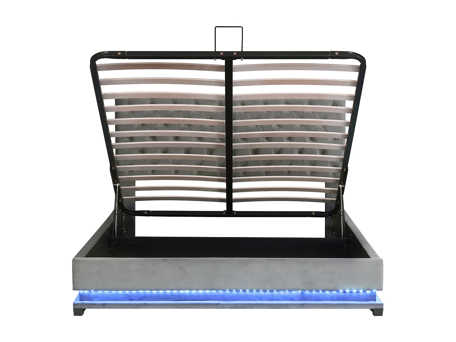 Lit coffre rembourré LED avec hydraulique et couvre-sommier à lattes, tête de lit réglable, Gris, 140x200cm