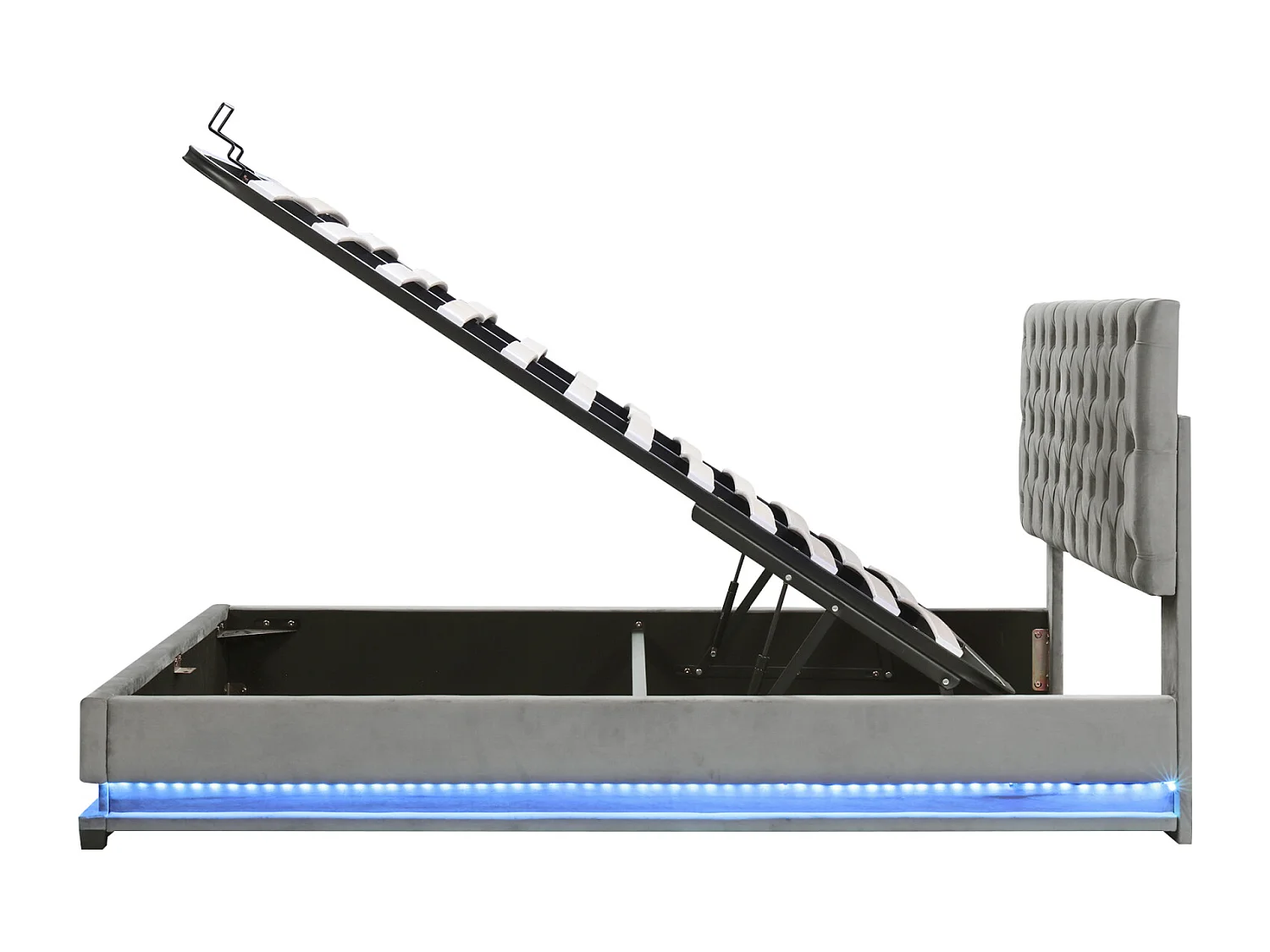 Lit coffre rembourré LED avec hydraulique et couvre-sommier à lattes, tête de lit réglable, Gris, 140x200cm