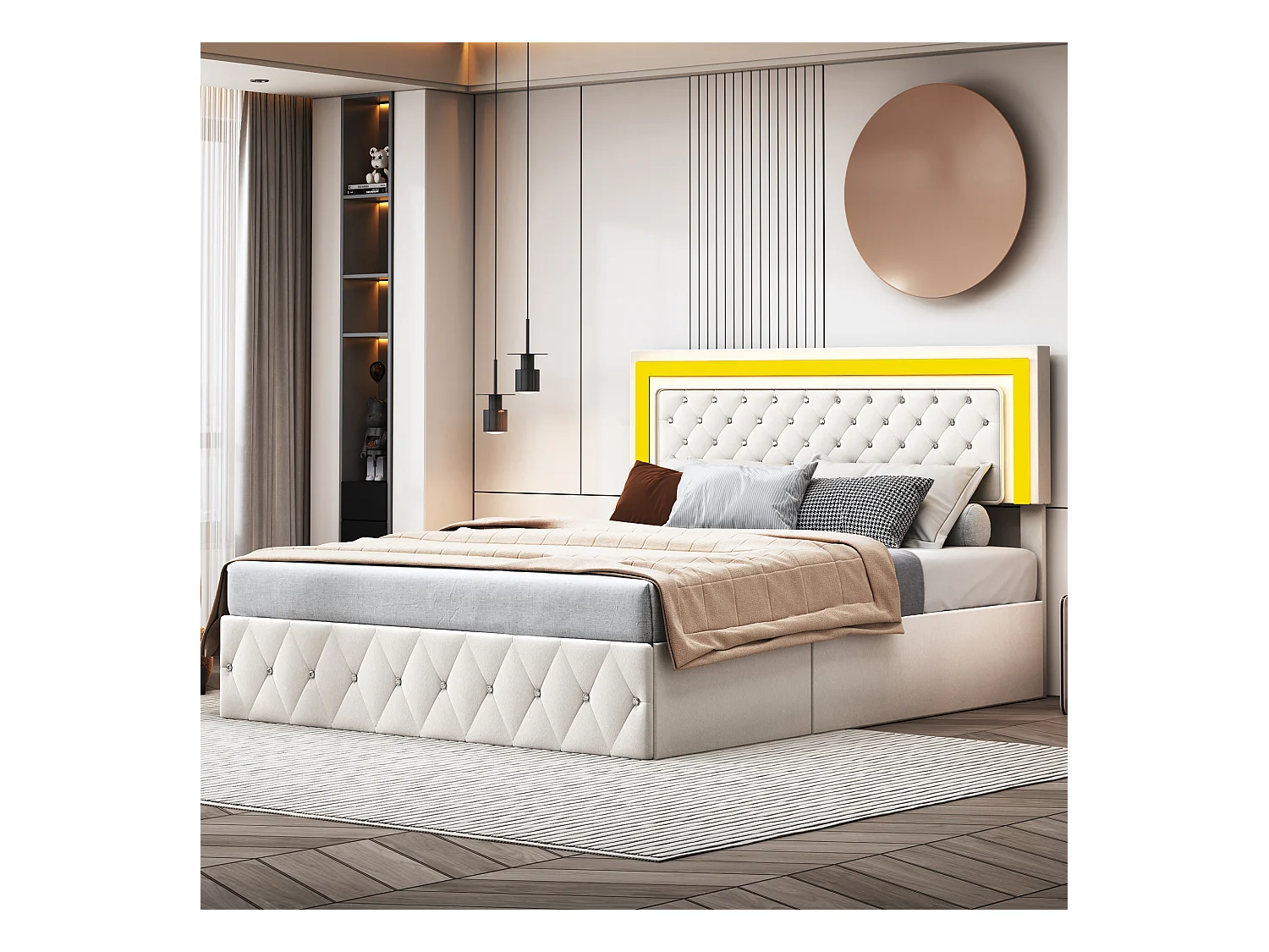 Lit coffre 160x200 cm en velours - avec LED et sommier à lattes - Lit double de rangement - avec tête de lit réglable en hauteur - Beige