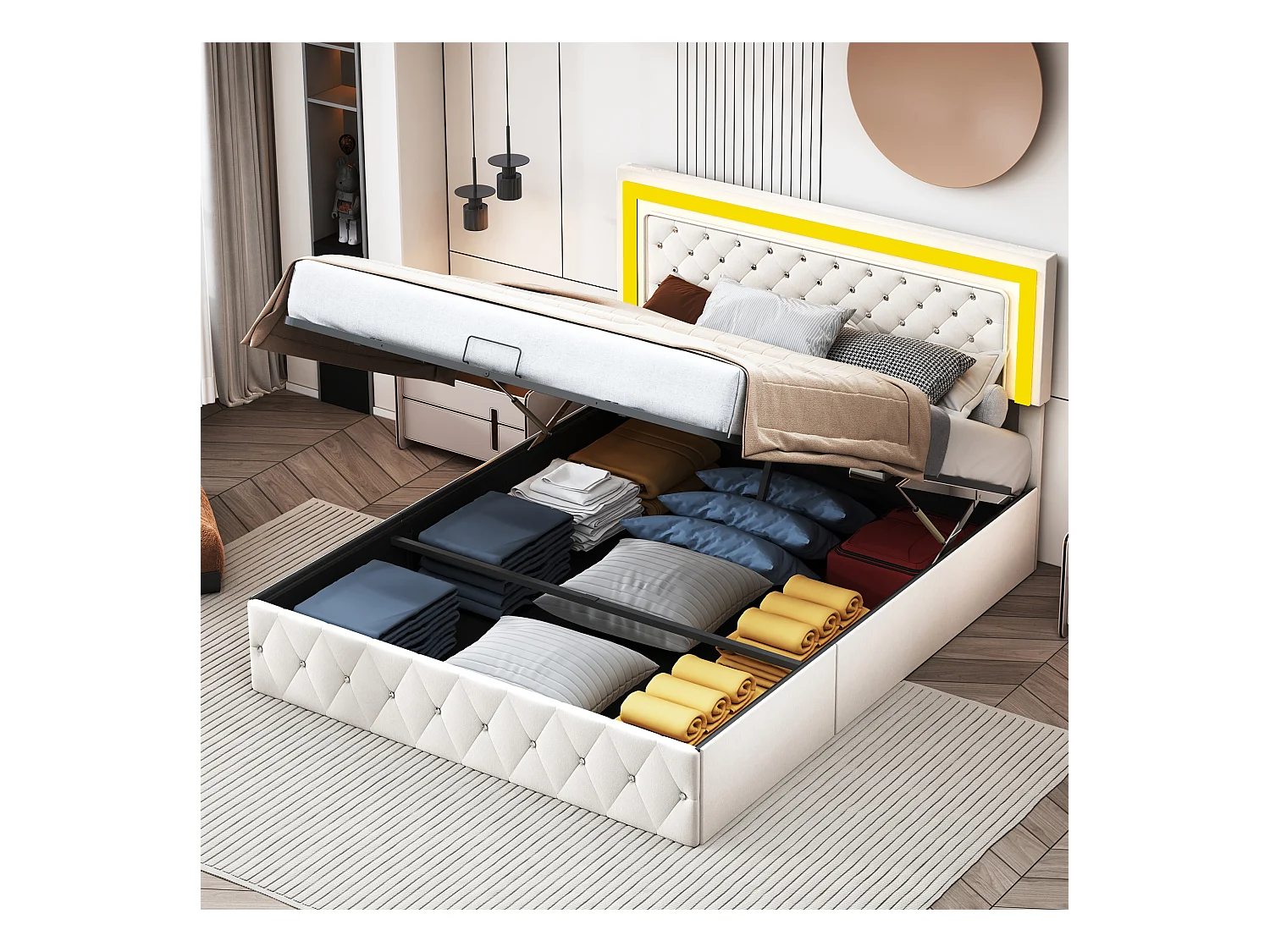 Lit coffre 160x200 cm en velours - avec LED et sommier à lattes - Lit double de rangement - avec tête de lit réglable en hauteur - Beige