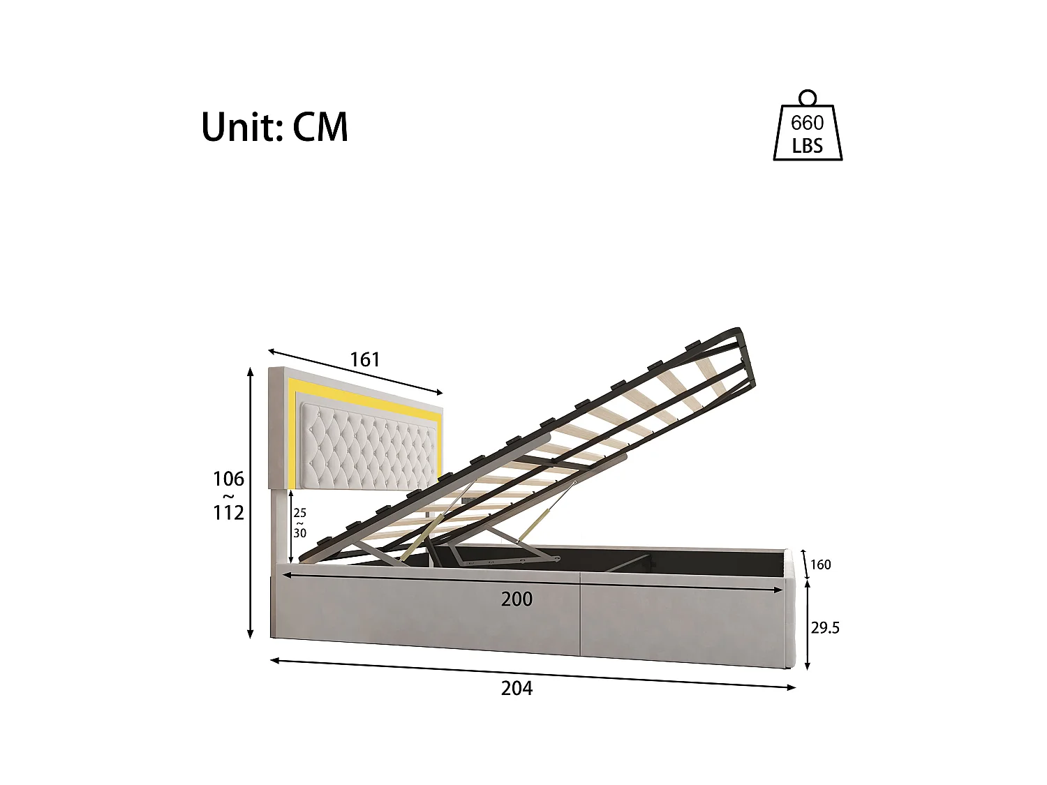 Lit coffre 160x200 cm en velours - avec LED et sommier à lattes - Lit double de rangement - avec tête de lit réglable en hauteur - Beige
