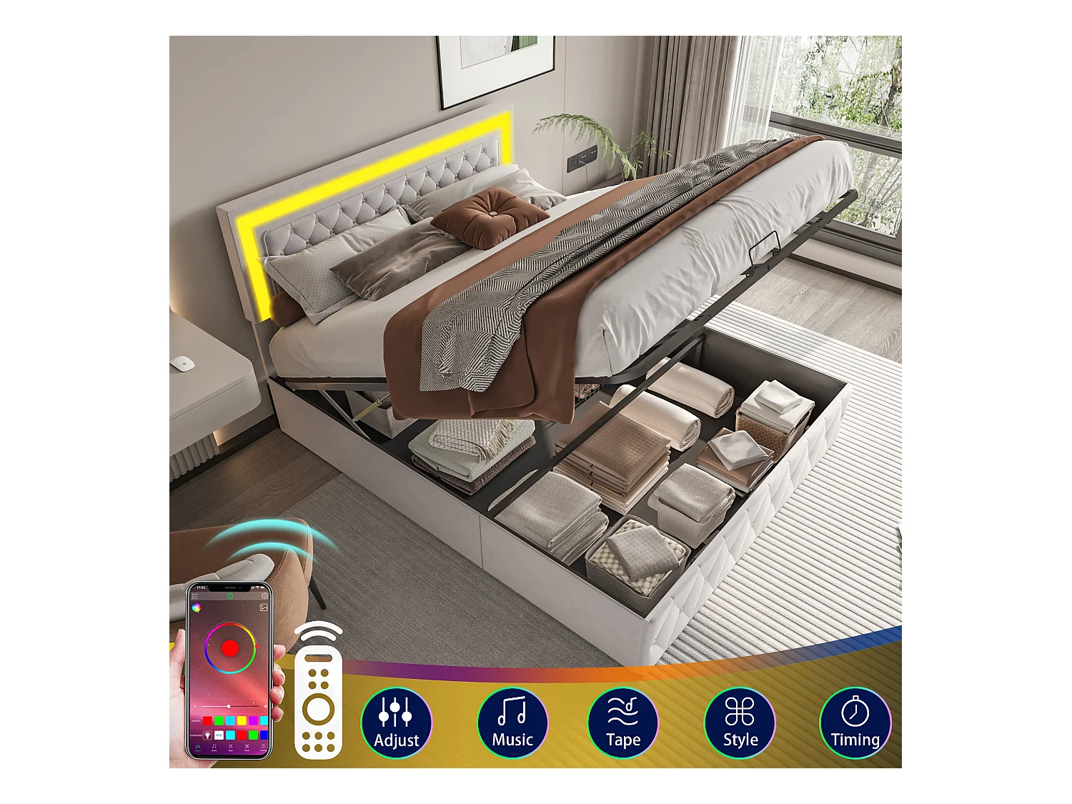 Lit coffre 160x200 cm en velours - avec LED et sommier à lattes - Lit double de rangement - avec tête de lit réglable en hauteur - Beige