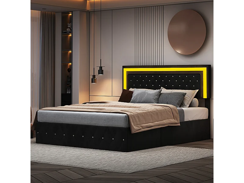 Cama em veludo com arrumação 180x200 cm - com LED e base de ripas - Cama de casal com arrumação - com cabeceira regulável em altura - Preto
